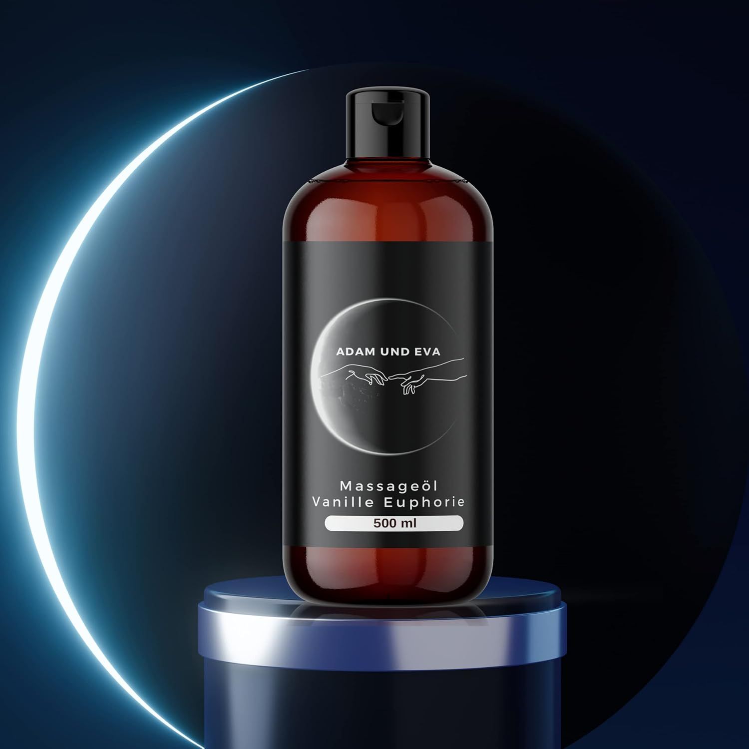 Bottiglia marrone con etichetta nera. Testo: ADAM UND EVA, Olio da massaggio Vanille Euphorie, 500 ml.