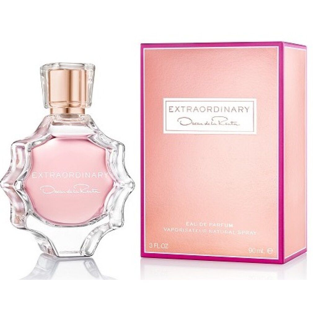 Flacone di profumo e scatola. Flacone con contenuto rosa, a forma di stella. Scatola rosa con cornice rosa. Scritta: Extraordinary.