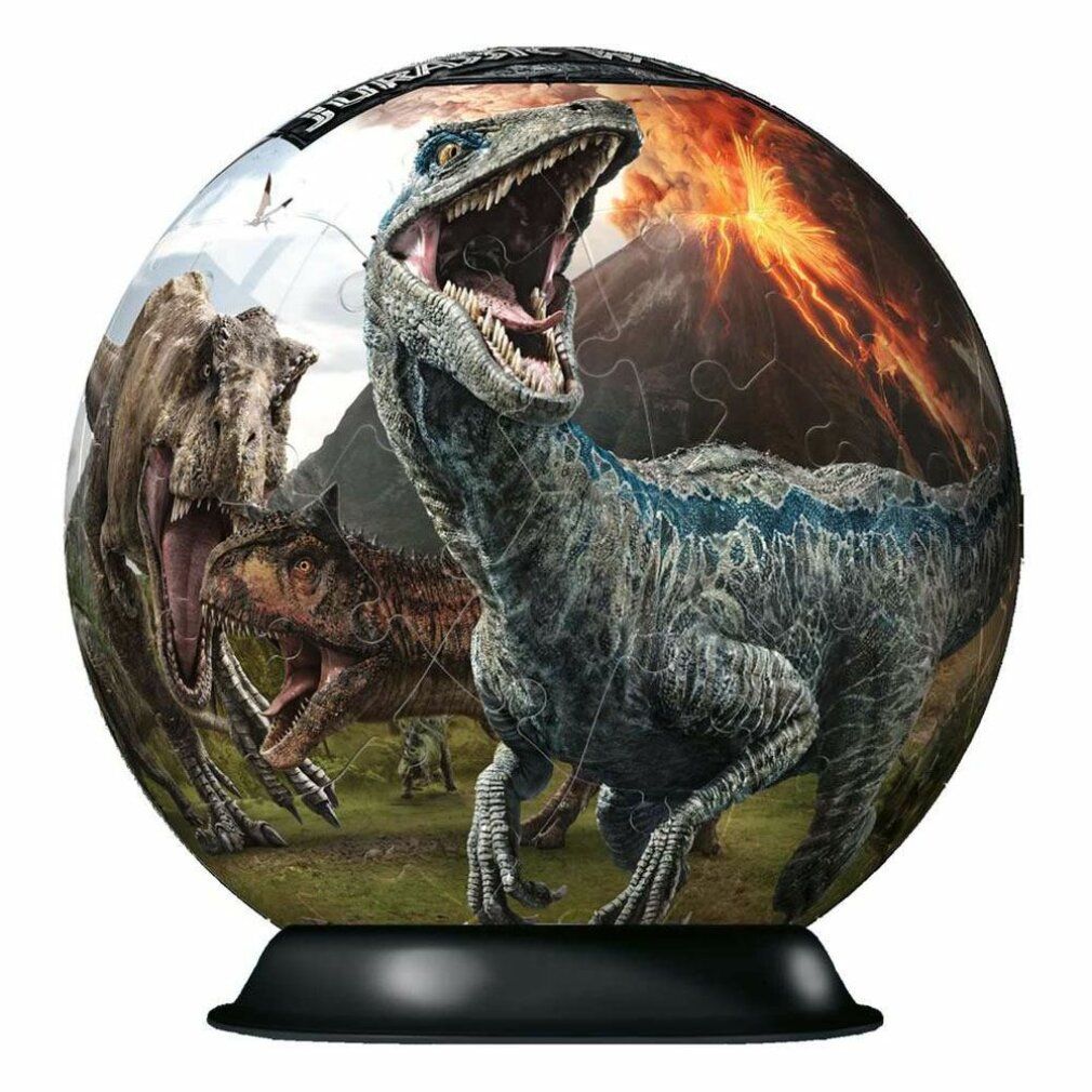 Puzzle 3D a sfera con motivo dinosauro. Base nera. 72 pezzi. Produttore: Ravensburger. Scritta: Jurassic World.