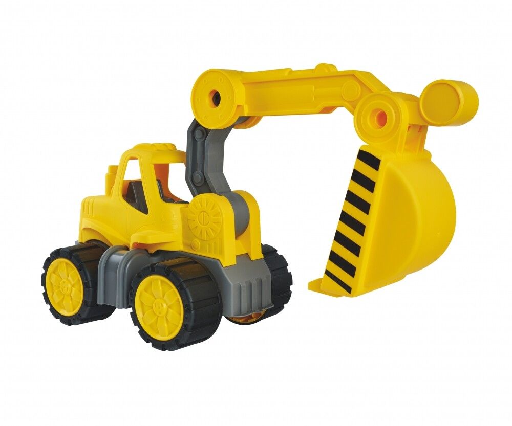 Escavatore giallo con strisce nere sulla benna. Bracci e ruote grigie. Cerchi gialli. Su sfondo bianco.