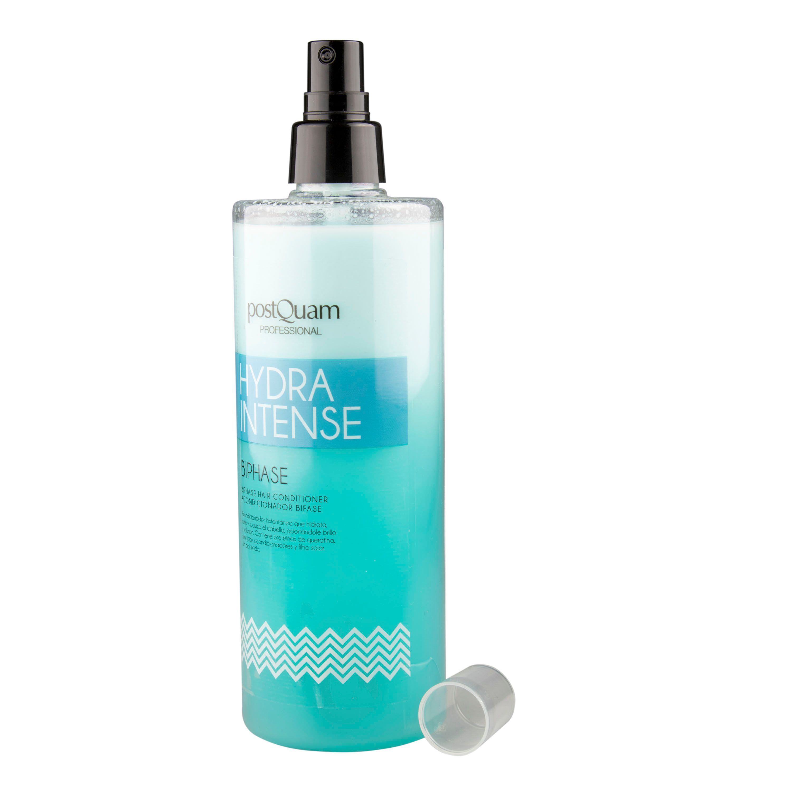 Spray blu e bianco. Scritta: Postquam, Hydra Intense, Biphase. Balsamo bifasico. Tappo accanto.