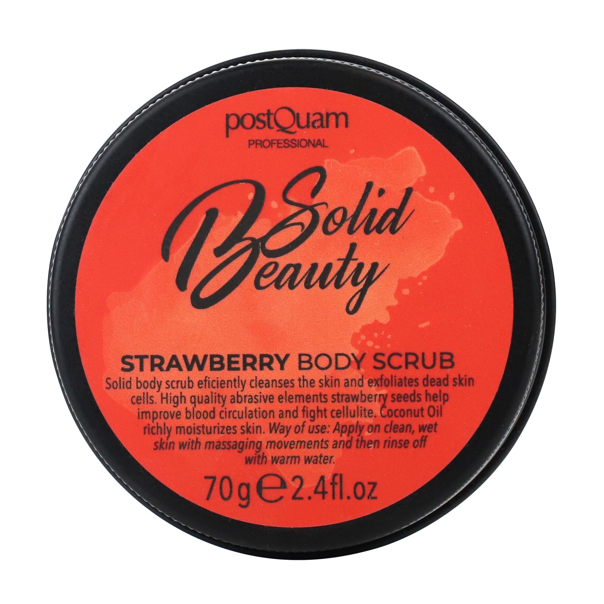 Coperchio rotondo rosso con bordo nero. Testo: Solid Beauty, Strawberry Body Scrub, Postquam.