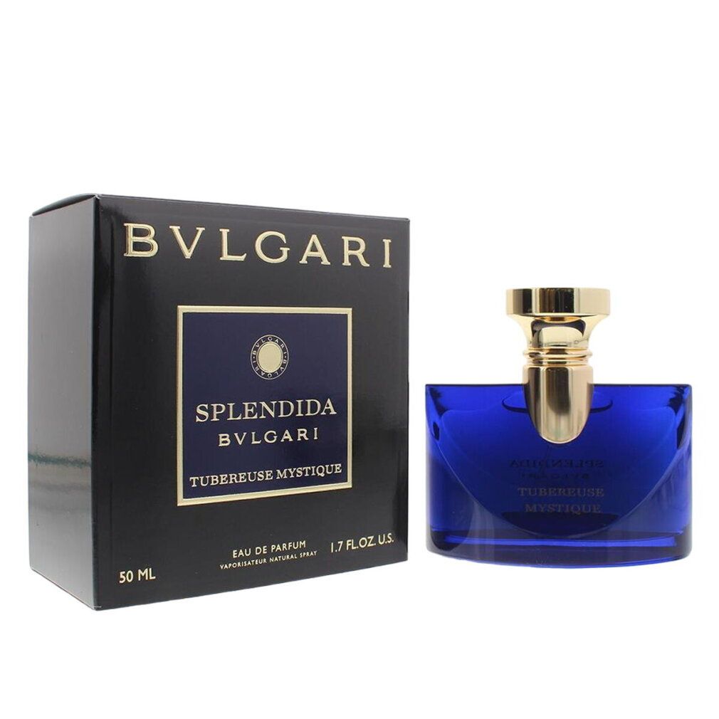 Bvlgari Splendida Tubereuse Mystique Eau de Parfum Spray 50ml in flacone di vetro blu con tappo dorato, accanto alla sua confezione nera.