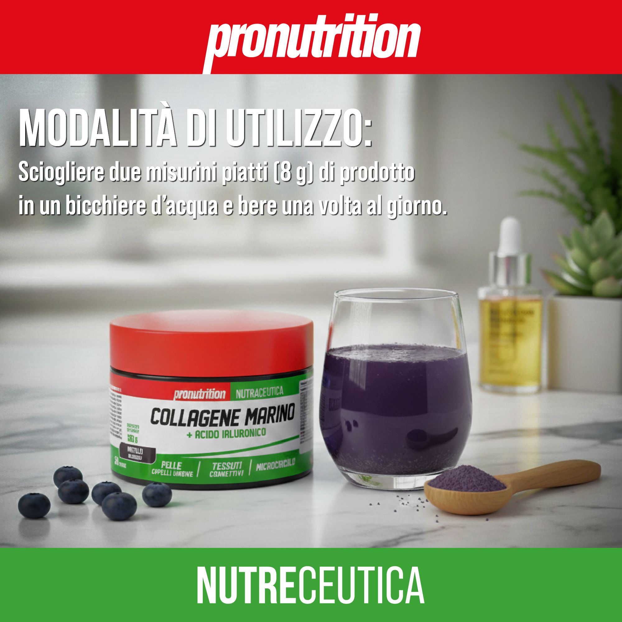 Barattolo rosso Pronutrition, bicchiere liquido viola, cucchiaio polvere, mirtilli. Testo: Modalità di utilizzo.
