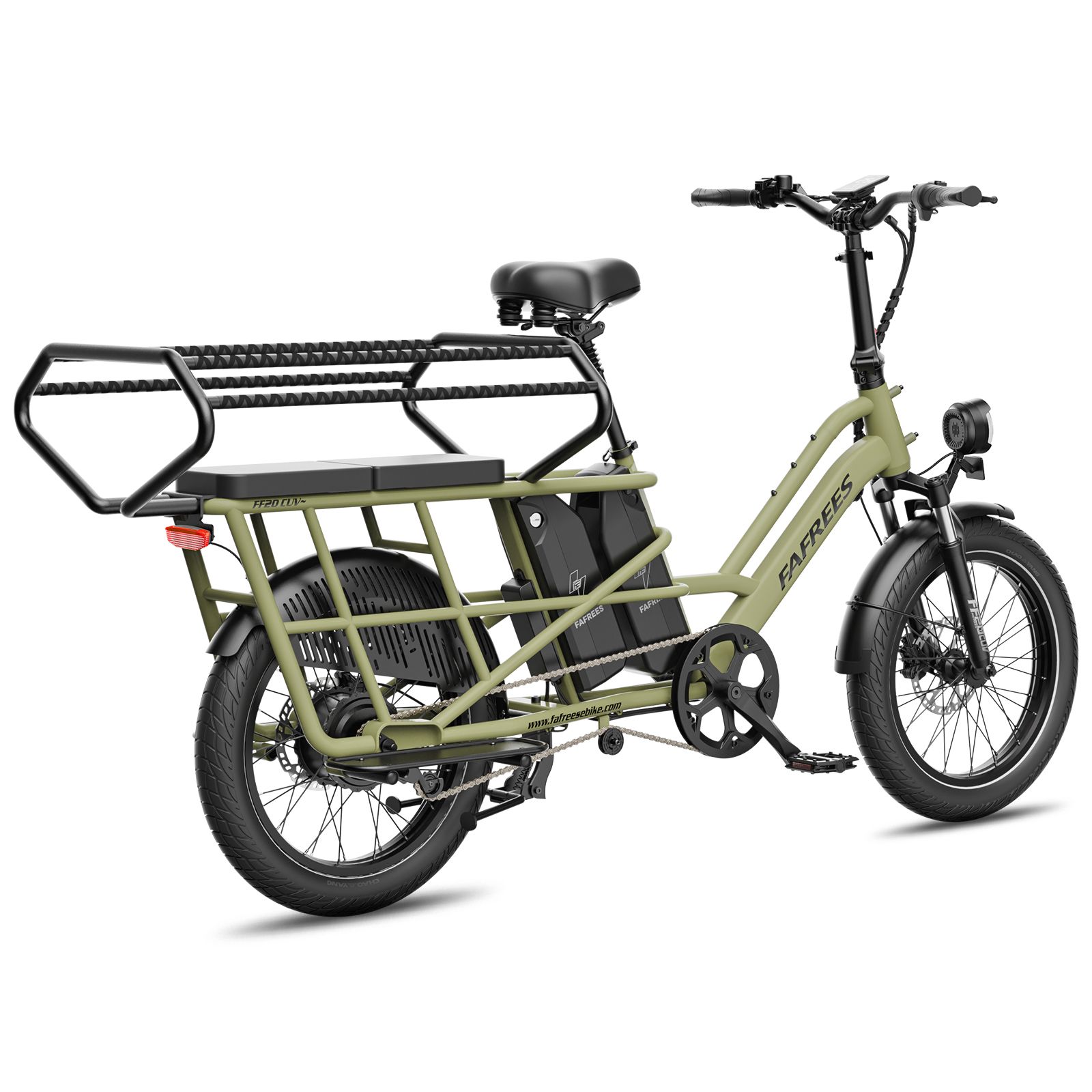 Bicicletta elettrica cargo verde, vista posteriore, con due batterie e ampio portapacchi.