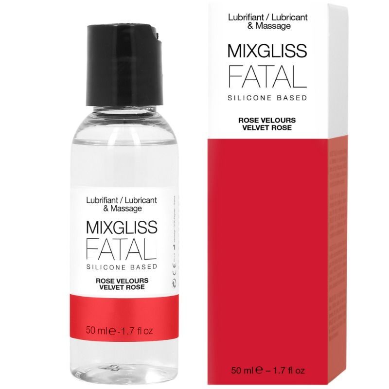 Mixgliss Fatal Lubrificante Silicone, flacone e confezione 50ml. A base di silicone, profumo Rosa Velluto.