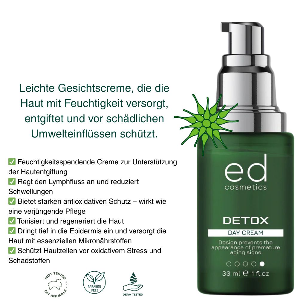 Flacone verde con dosatore argento. Testo: ED cosmetics, Detox Day Cream. Informazioni aggiuntive.