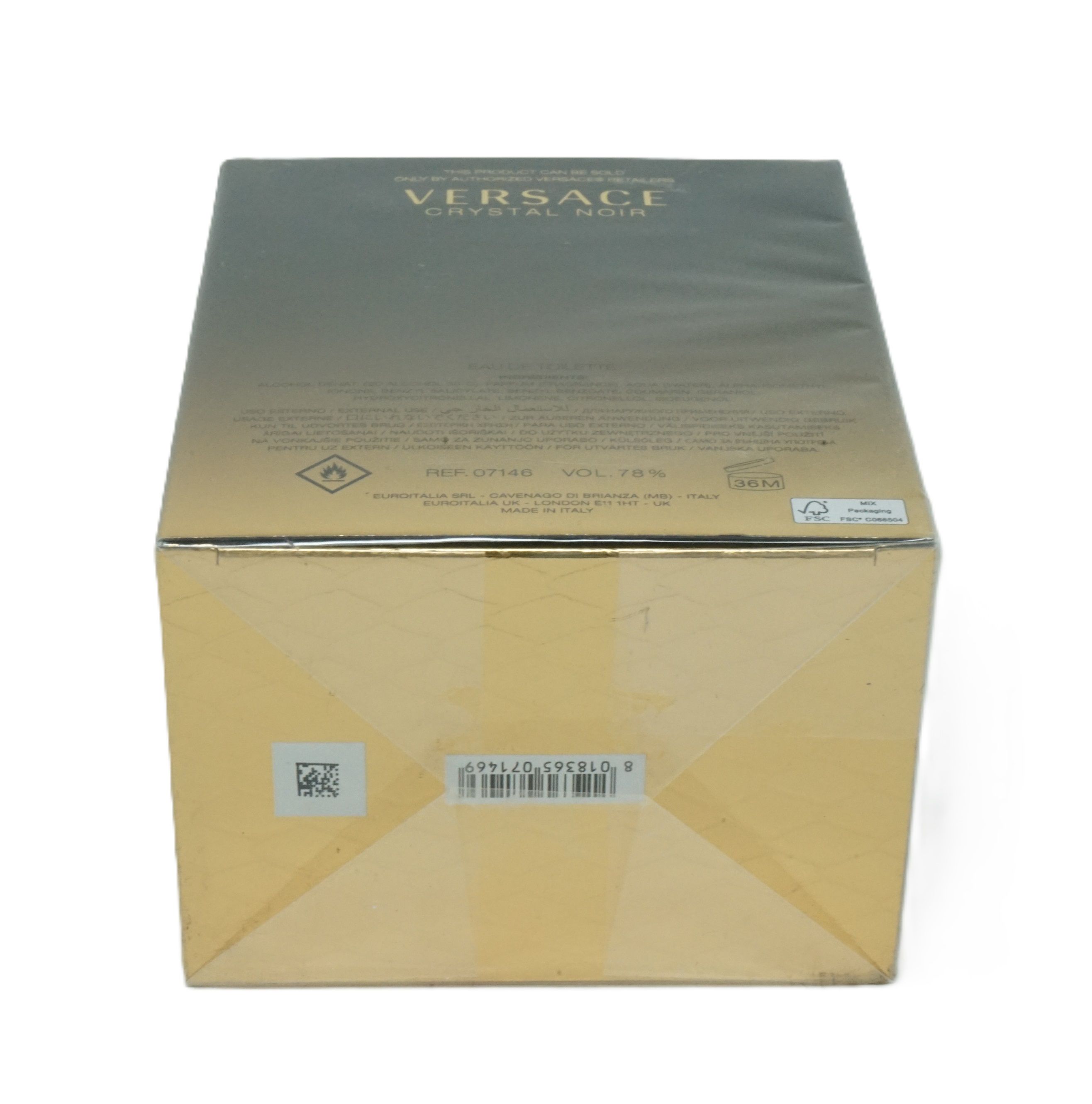 Retro della confezione Versace Crystal Noir Eau de Toilette con informazioni sul prodotto.