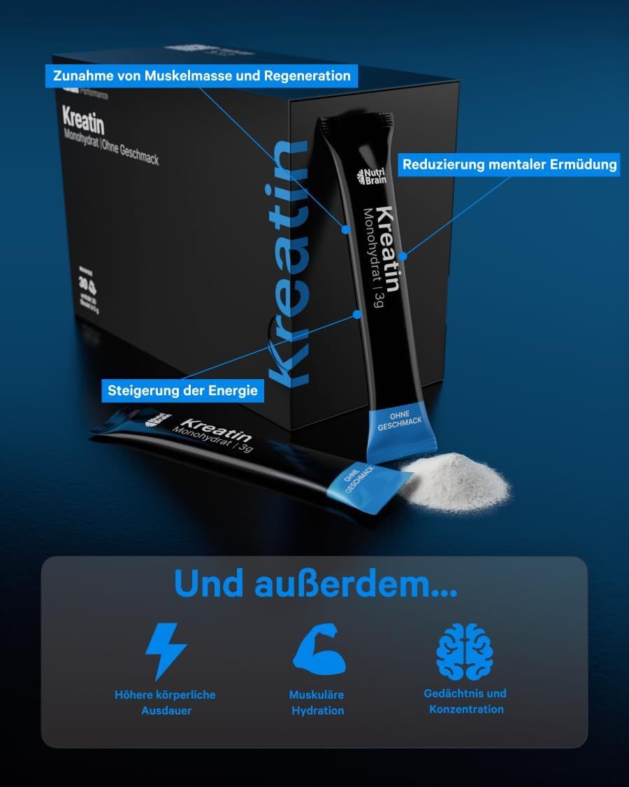 Stick e scatola di Creatina Monoidrato, 3g per stick, senza aroma, per energia e crescita muscolare.