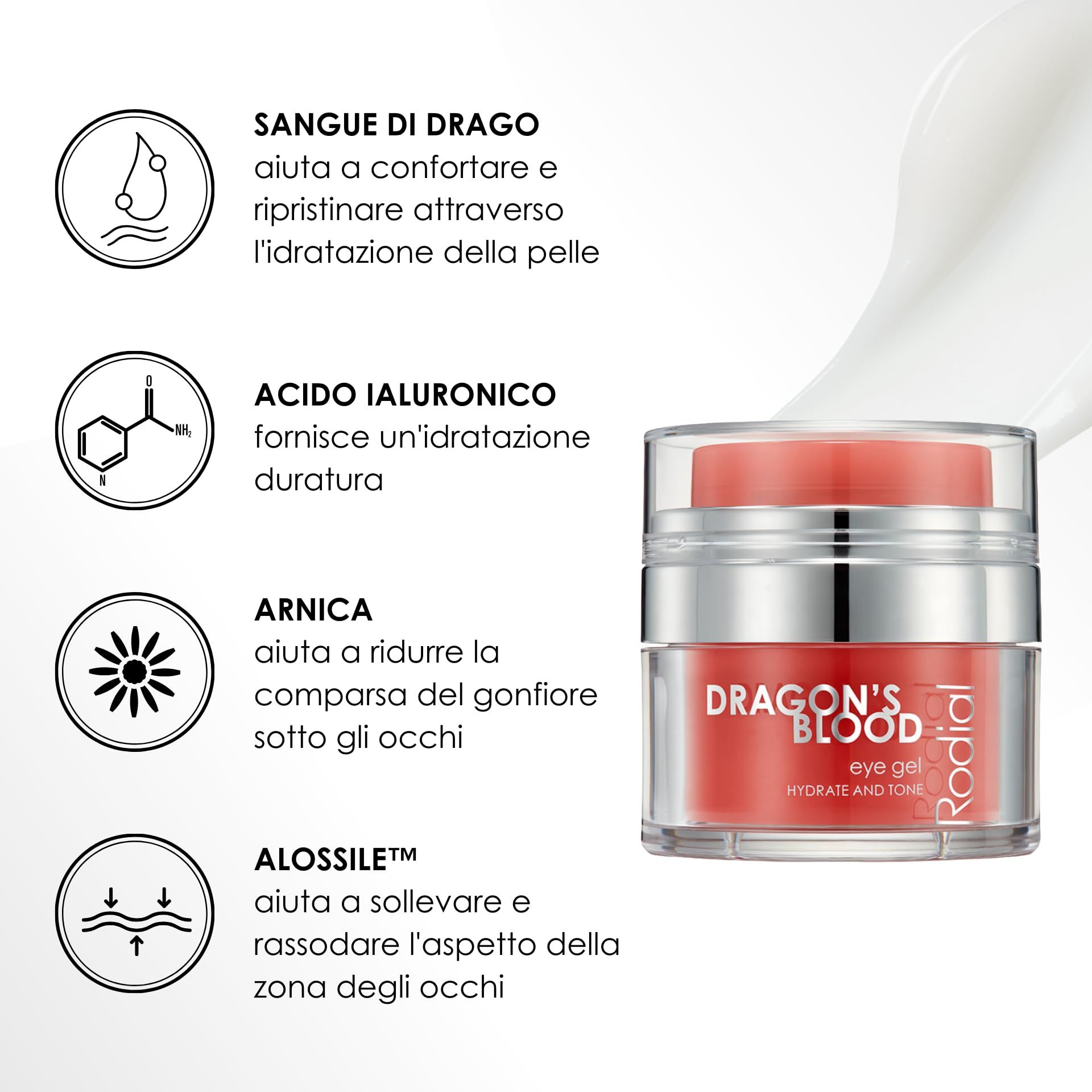 Rodial Dragon's Blood Eye Gel. Vasetto rosso con coperchio argentato. Testo e icone.
