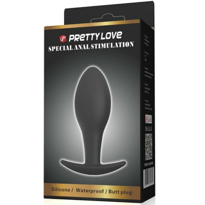 Confezione con plug anale nero. Scritta: PRETTY LOVE SPECIAL ANAL STIMULATION. Silicone/impermeabile.