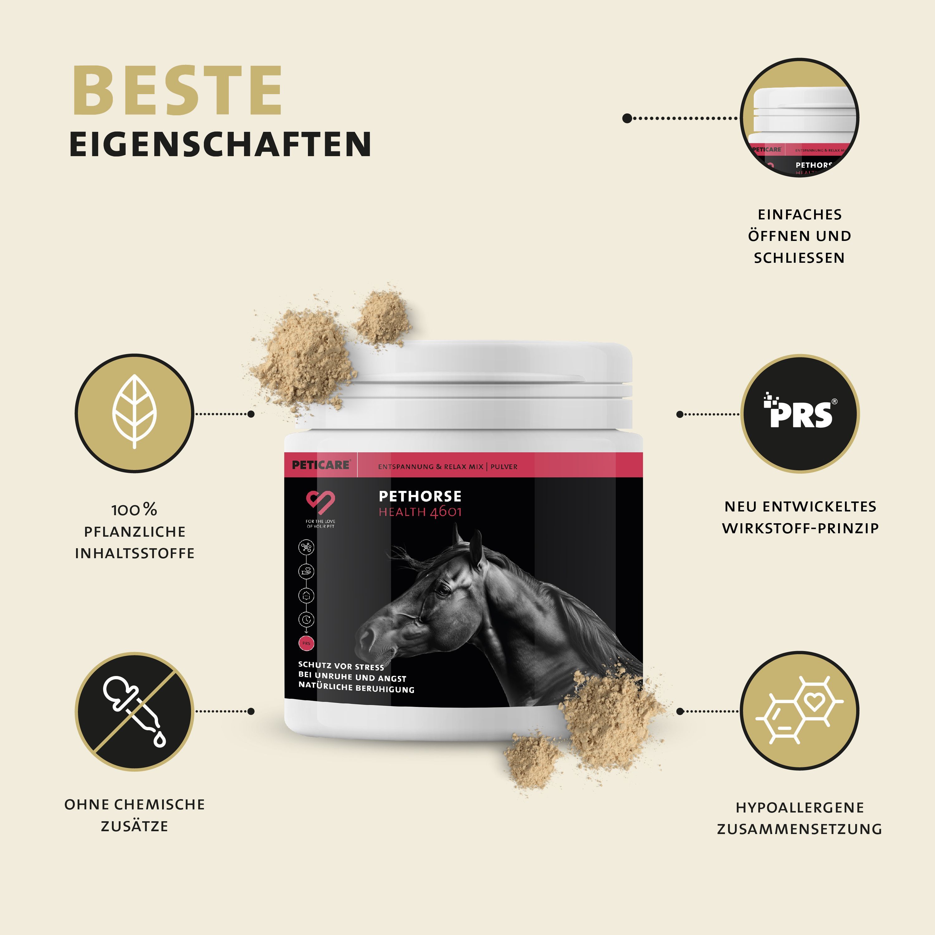 Contenitore in polvere Pethorse Health 4601 Peticare con icone: ingredienti vegetali, senza additivi chimici, facile apertura, principio PRS.