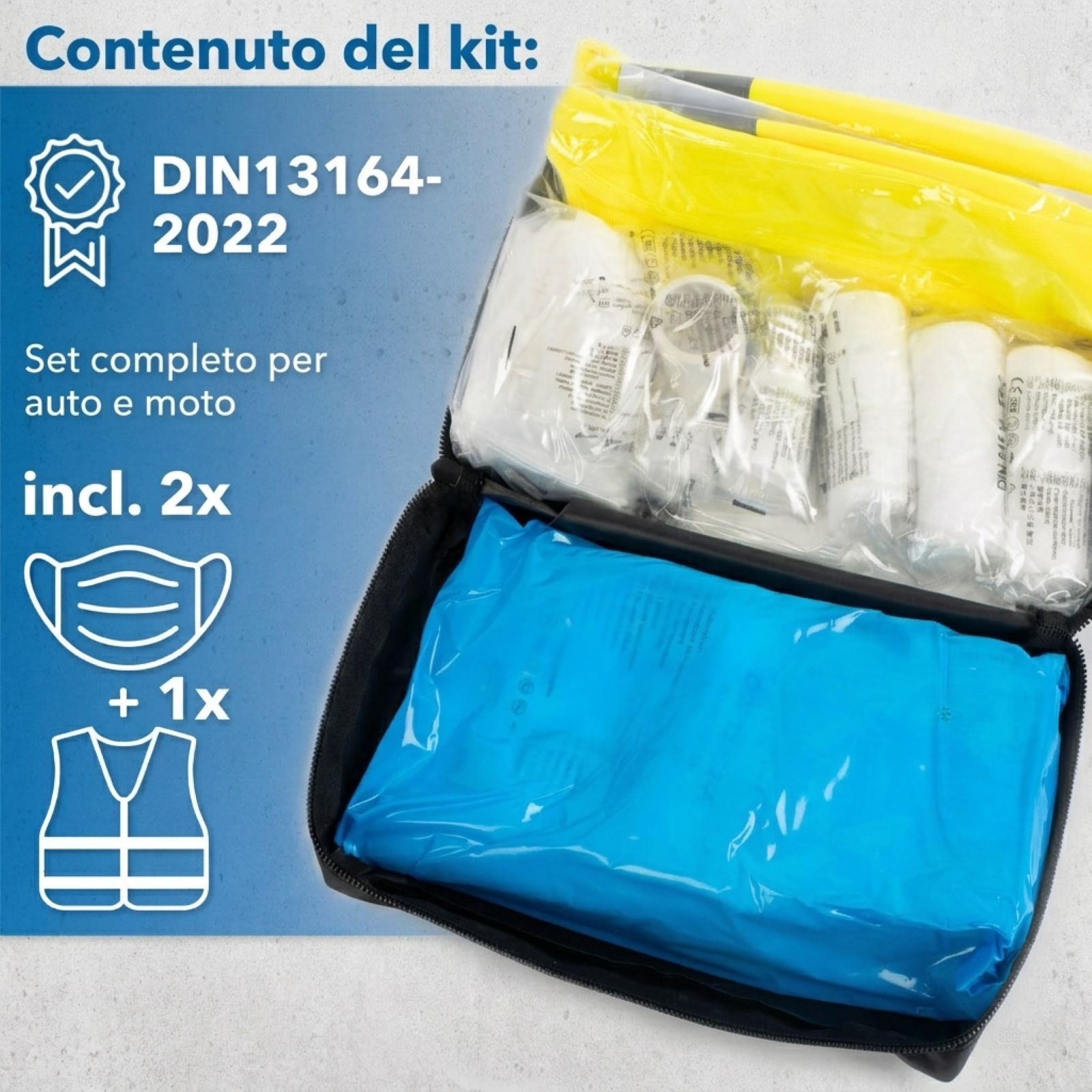 Borsa di pronto soccorso per auto aperta con contenuto. Certificazione DIN 13164-2022. Include mascherine e giubbotto.