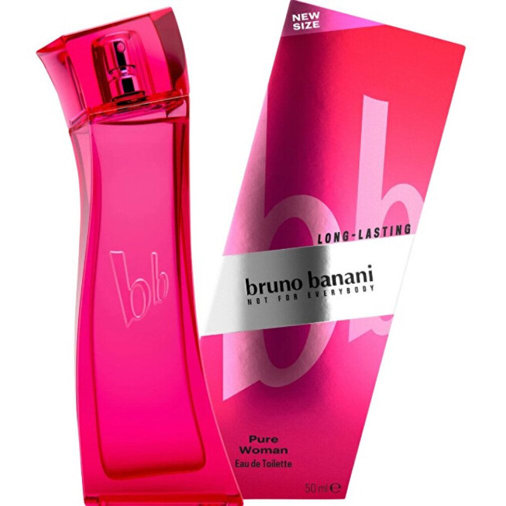 Flacone e scatola rosa. Sul flacone è scritto "bb". Sulla scatola è scritto "Bruno Banani Pure Woman". 50 ml.
