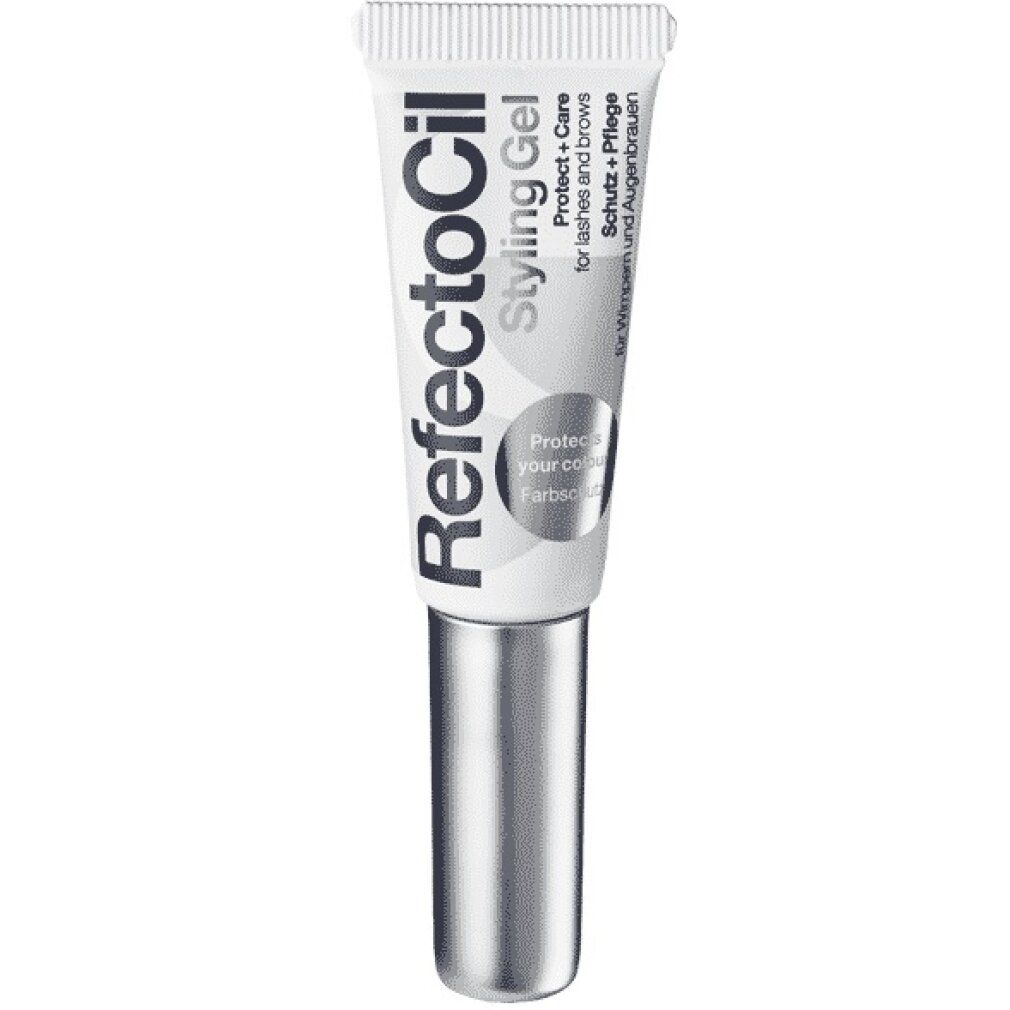 Tubo di gel RefectoCil Styling. Tubo bianco con tappo argentato. Scritta: Styling Gel, Protect + Care for lashes and brows.