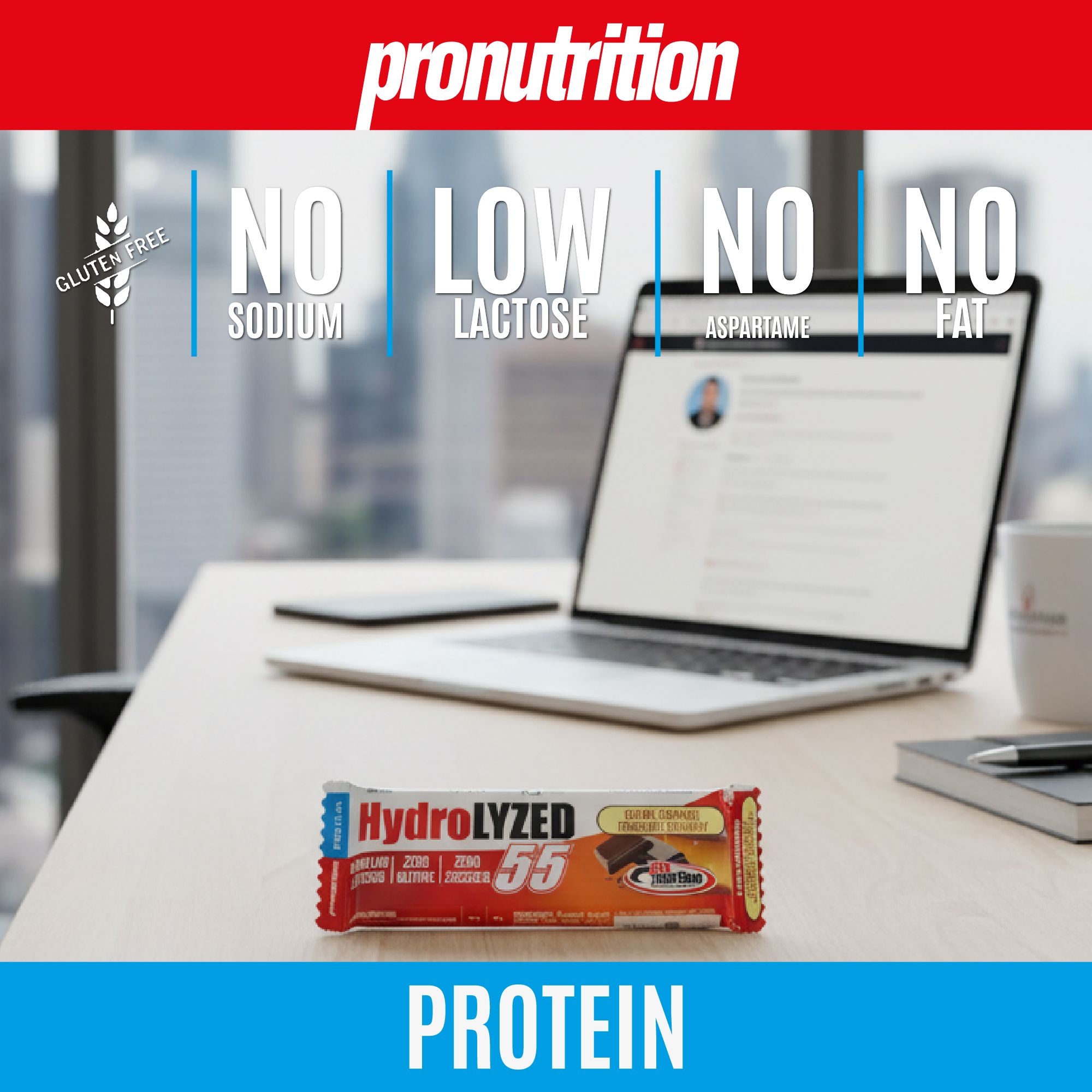 Barretta proteica sul tavolo. Scritta: HydroLYZED 55, Zero, Senza glutine, Senza zucchero. Simboli: senza sodio, lattosio, aspartame, grassi.