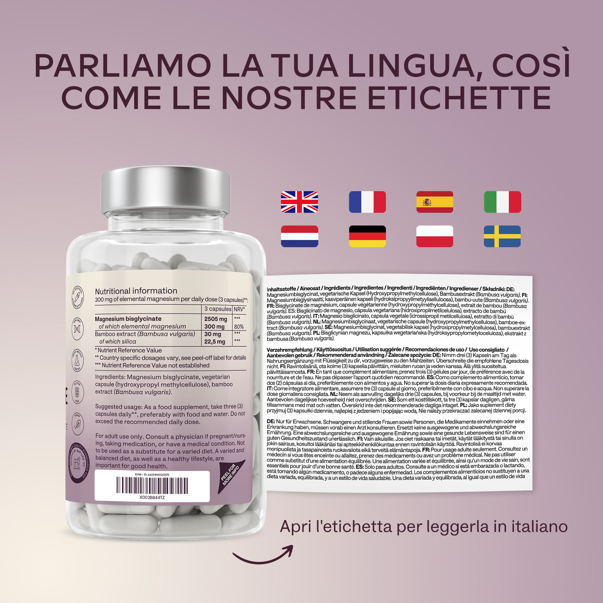 Flacone con capsule ed etichette in diverse lingue. Scritta: Magnesiumbisglycinate.