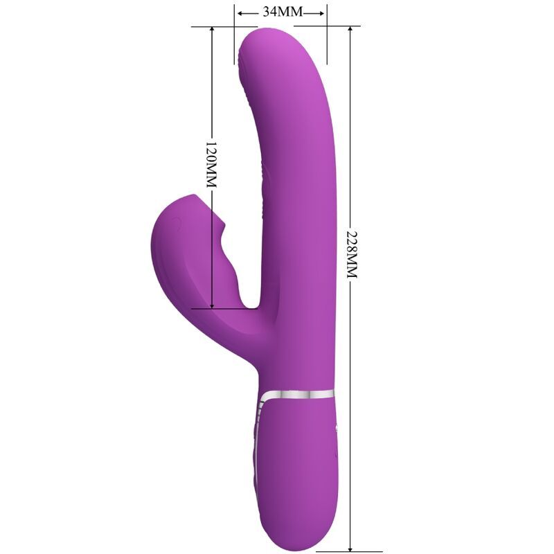 Vibratore coniglio viola con dimensioni: 228mm lunghezza, 120mm lunghezza stimolatore, 34mm larghezza.
