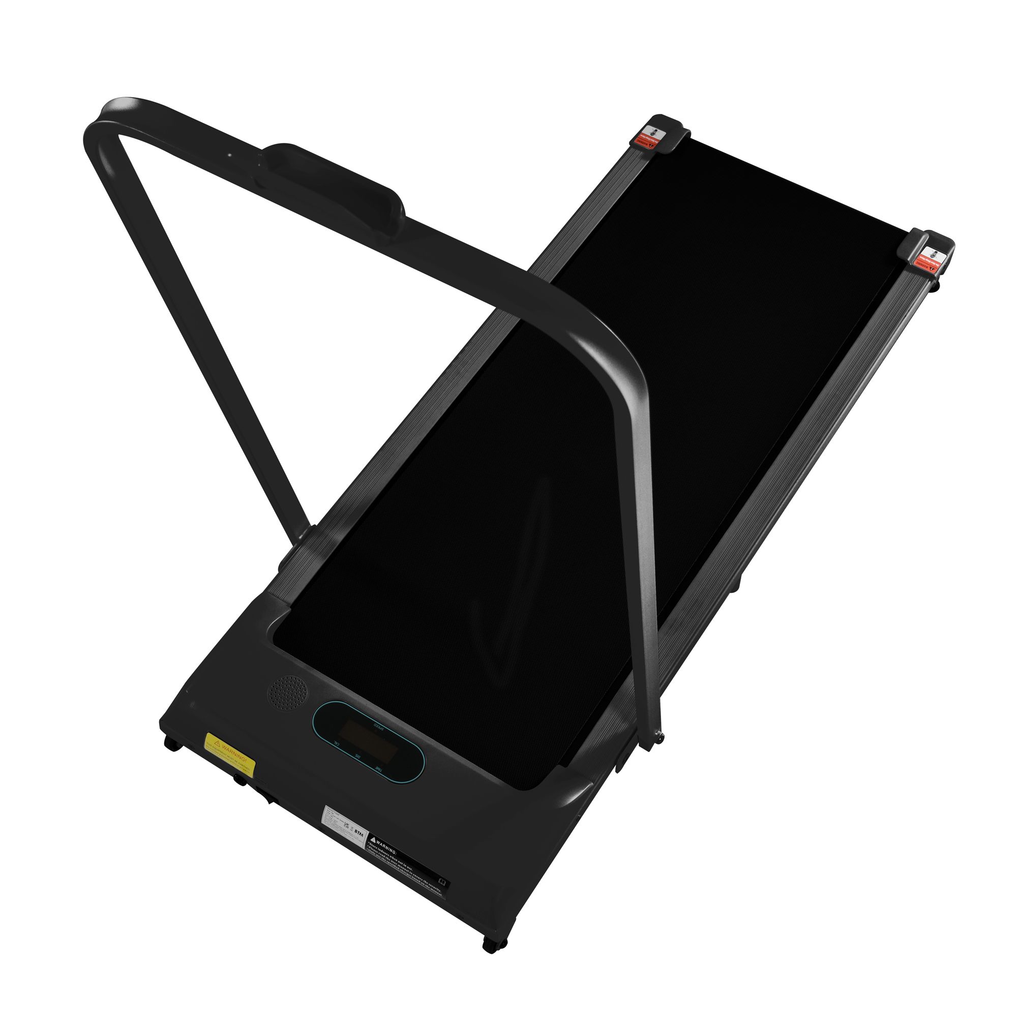 Tapis roulant nero con manubrio rialzato. Display digitale e dettagli rossi laterali.