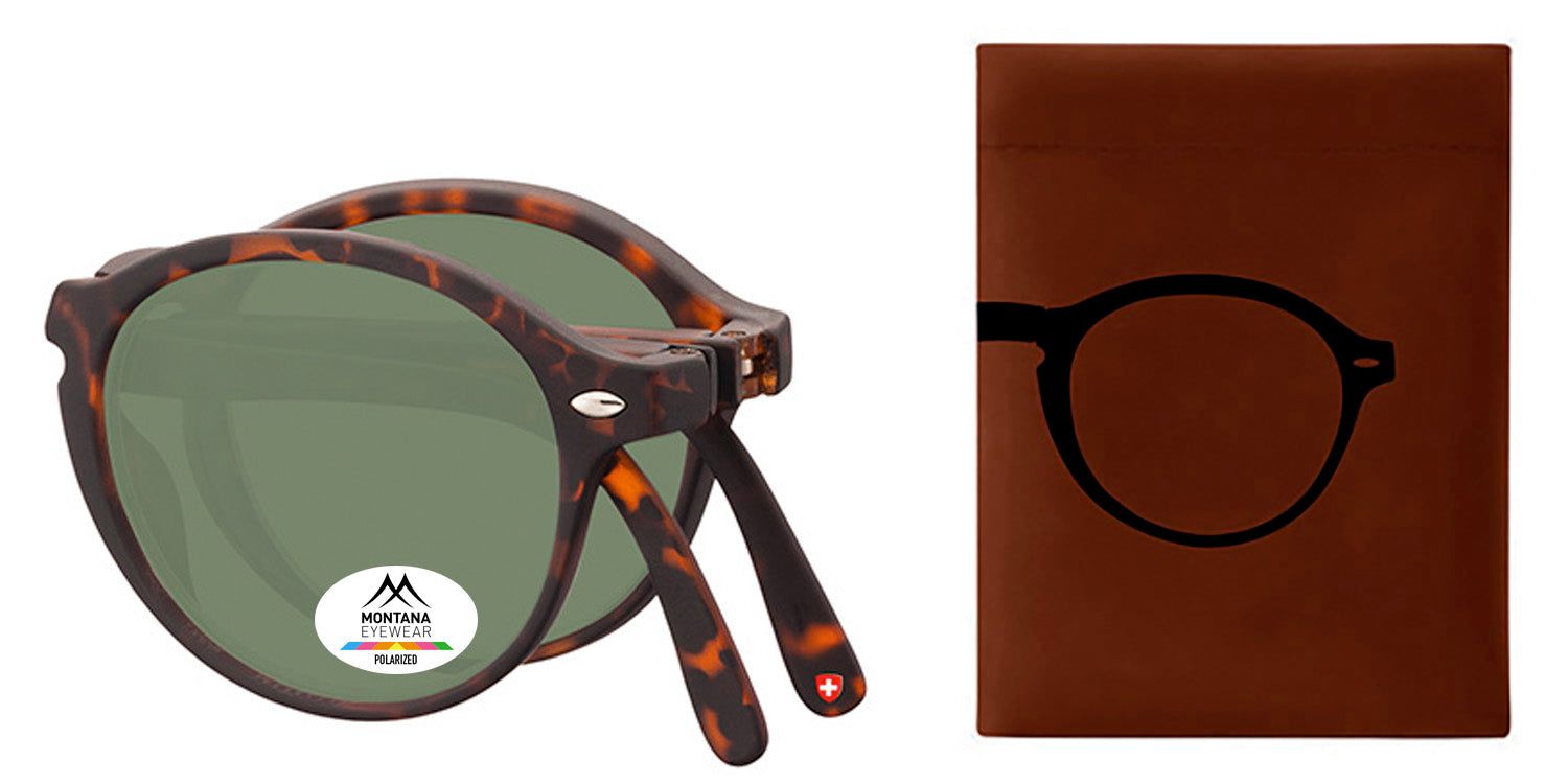 Occhiali da sole pieghevoli, marrone-marrone. Lenti rotonde, tinte di verde. Logo e adesivo Polarized. Custodia con silhouette di occhiali.