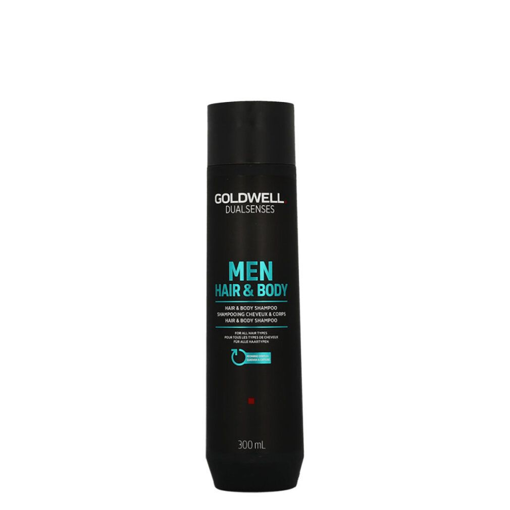 Flacone nero Goldwell Dualsenses Men Hair & Body Shampoo. Testo: Hair & Body Shampoo, 300ml.