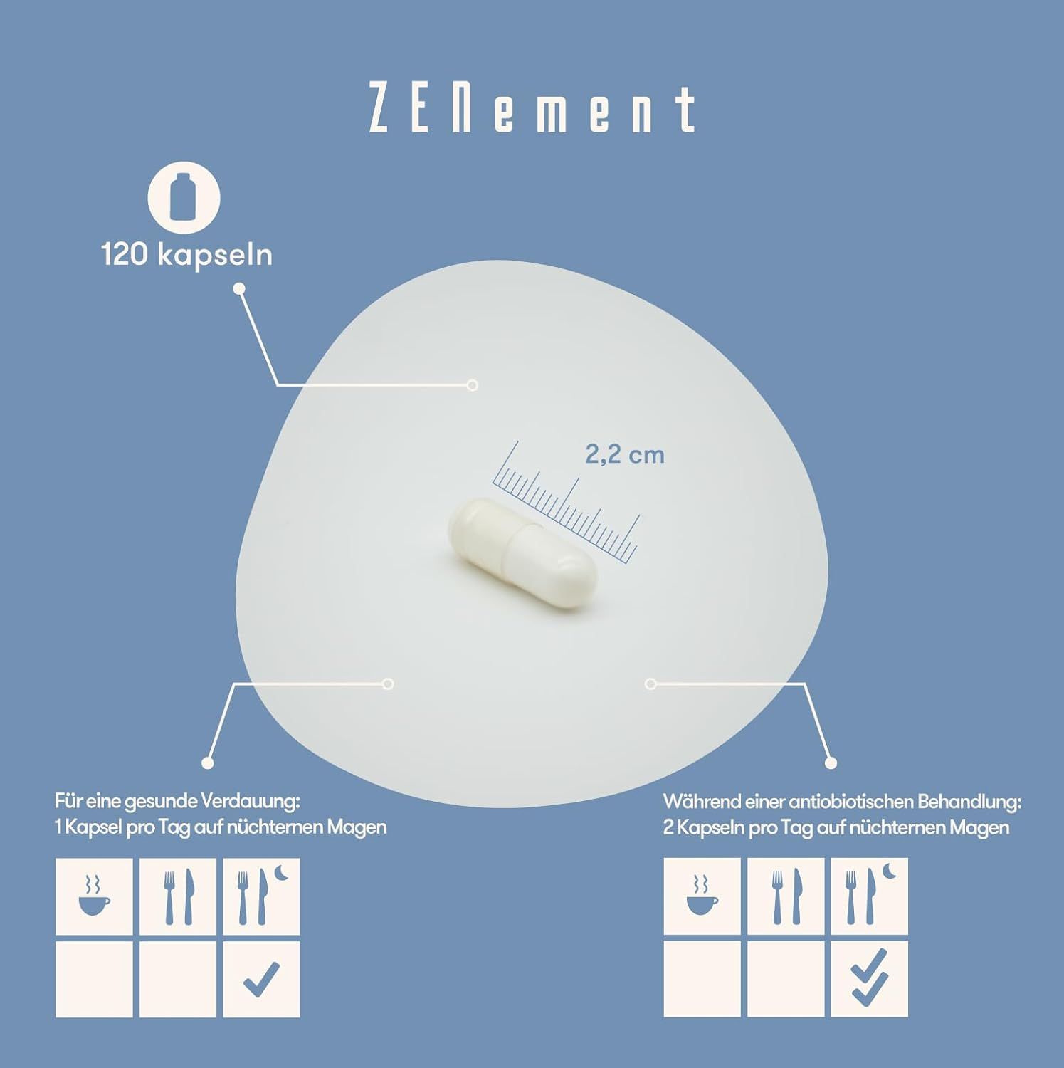 Una capsula su sfondo bianco. Scritta: 120 capsule. Dimensioni: 2,2 cm. Istruzioni per l'uso.