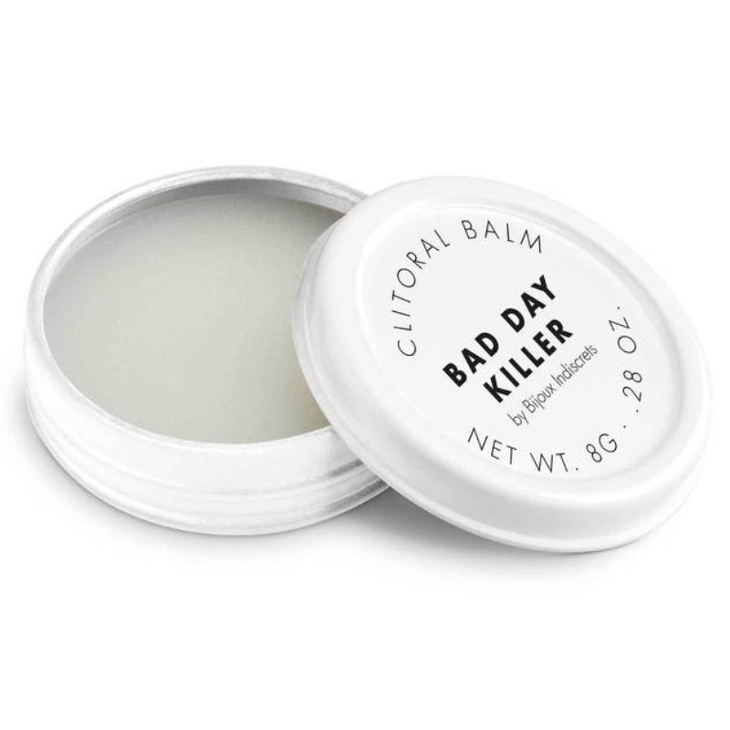 Vasetto bianco aperto con balsamo clitorideo Bad Day Killer di Bijoux Indiscrets, 8g.