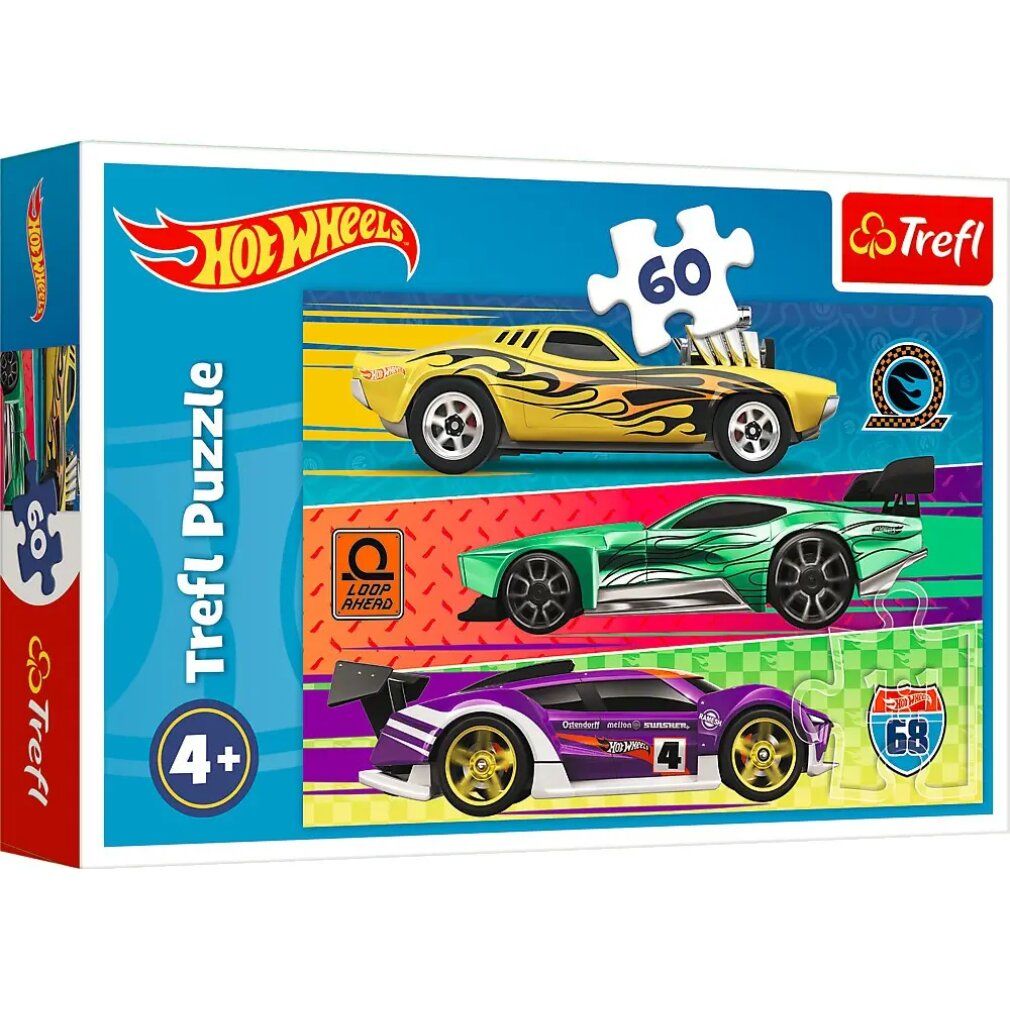 Puzzle Trefl Hot Wheels, 60 pezzi, in confezione. Sono raffigurate tre auto Hot Wheels. Loghi Hot Wheels e Trefl sulla confezione.