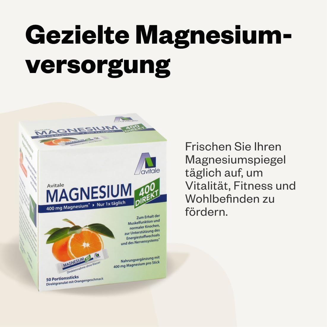 Scatola Avitale Magnesium 400 Direkt Orange. Testo: Apporto mirato di magnesio. 50 stick.