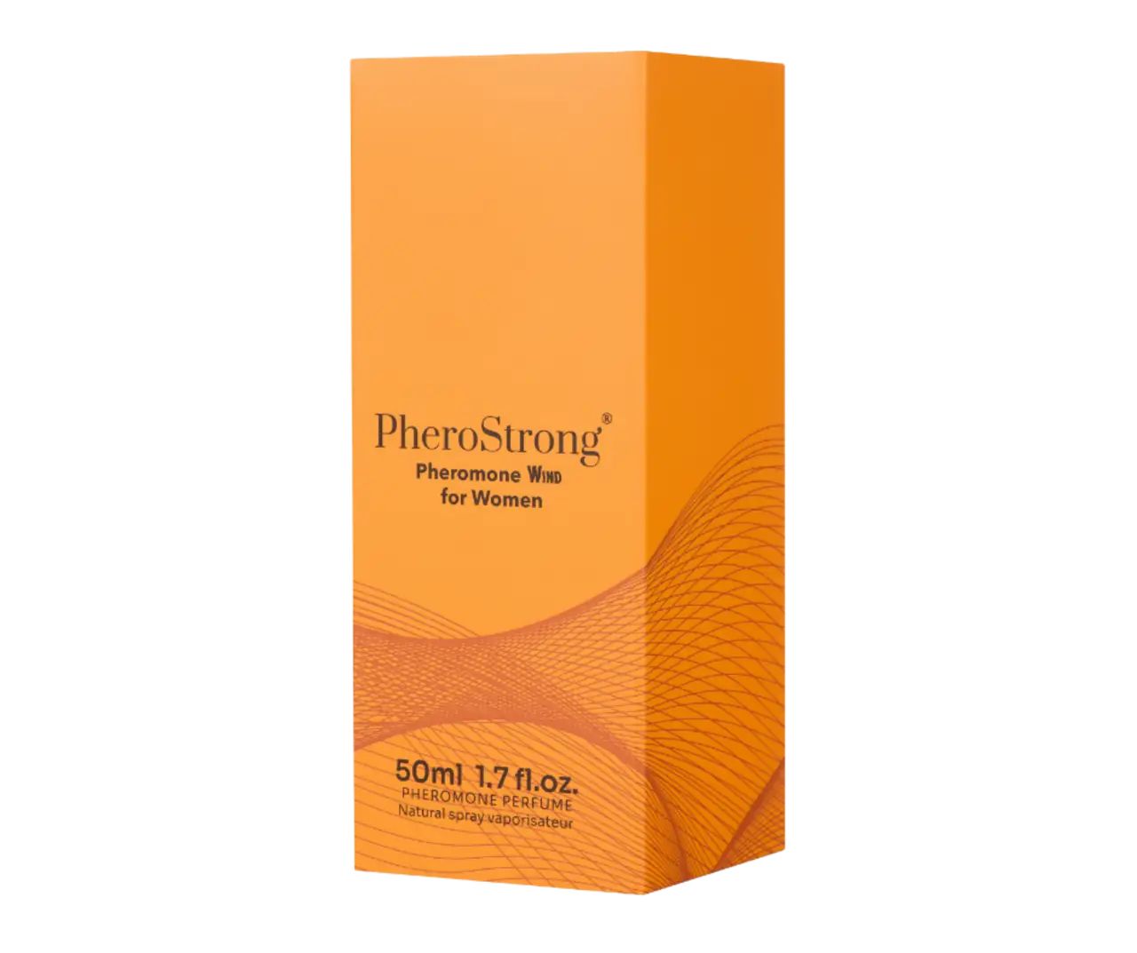 Confezione arancione con nome del prodotto e motivo a onde. Testo: PheroStrong Pheromone Wind for Women, 50ml 1.7 fl.oz.