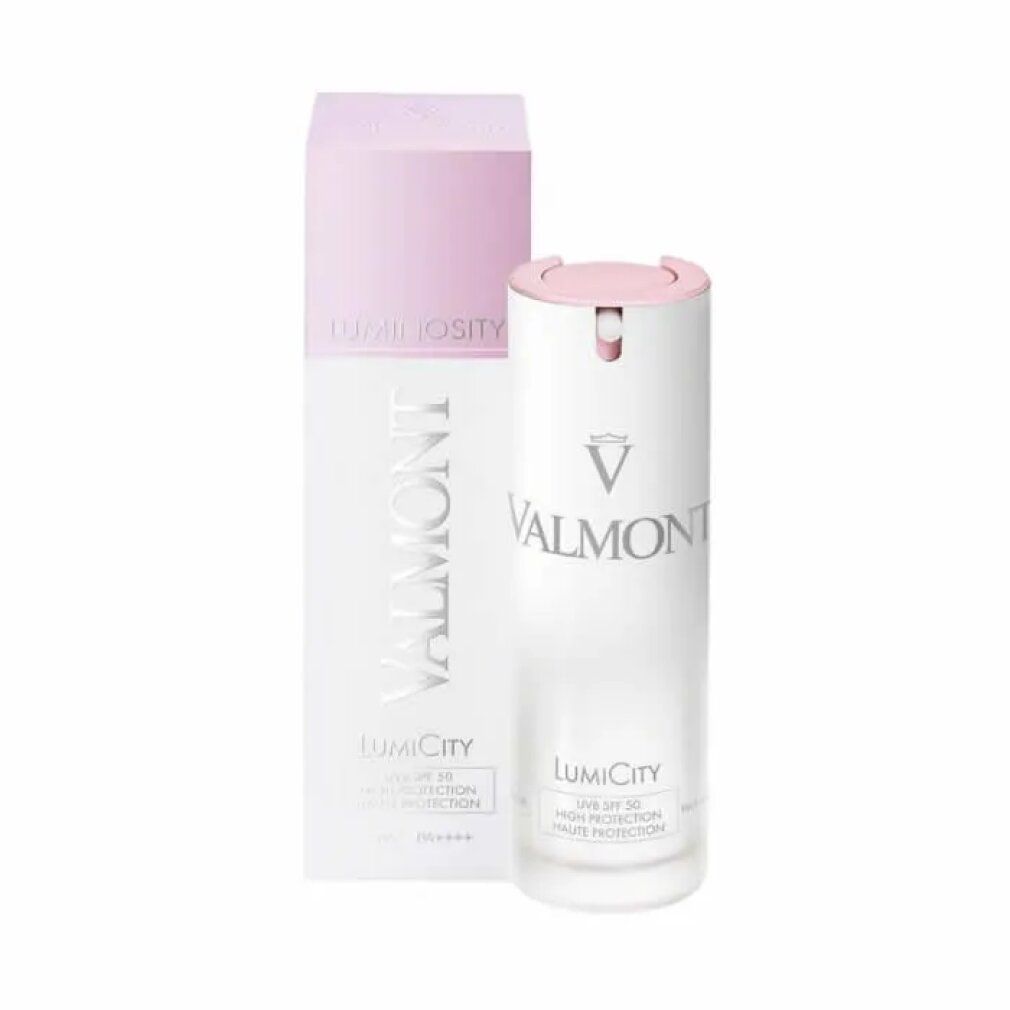Prodotto Valmont Luminosity Lumicity SPF50 bianco con confezione. Accenti rosa. Testo: Luminosity, LumiCity, SPF 50.