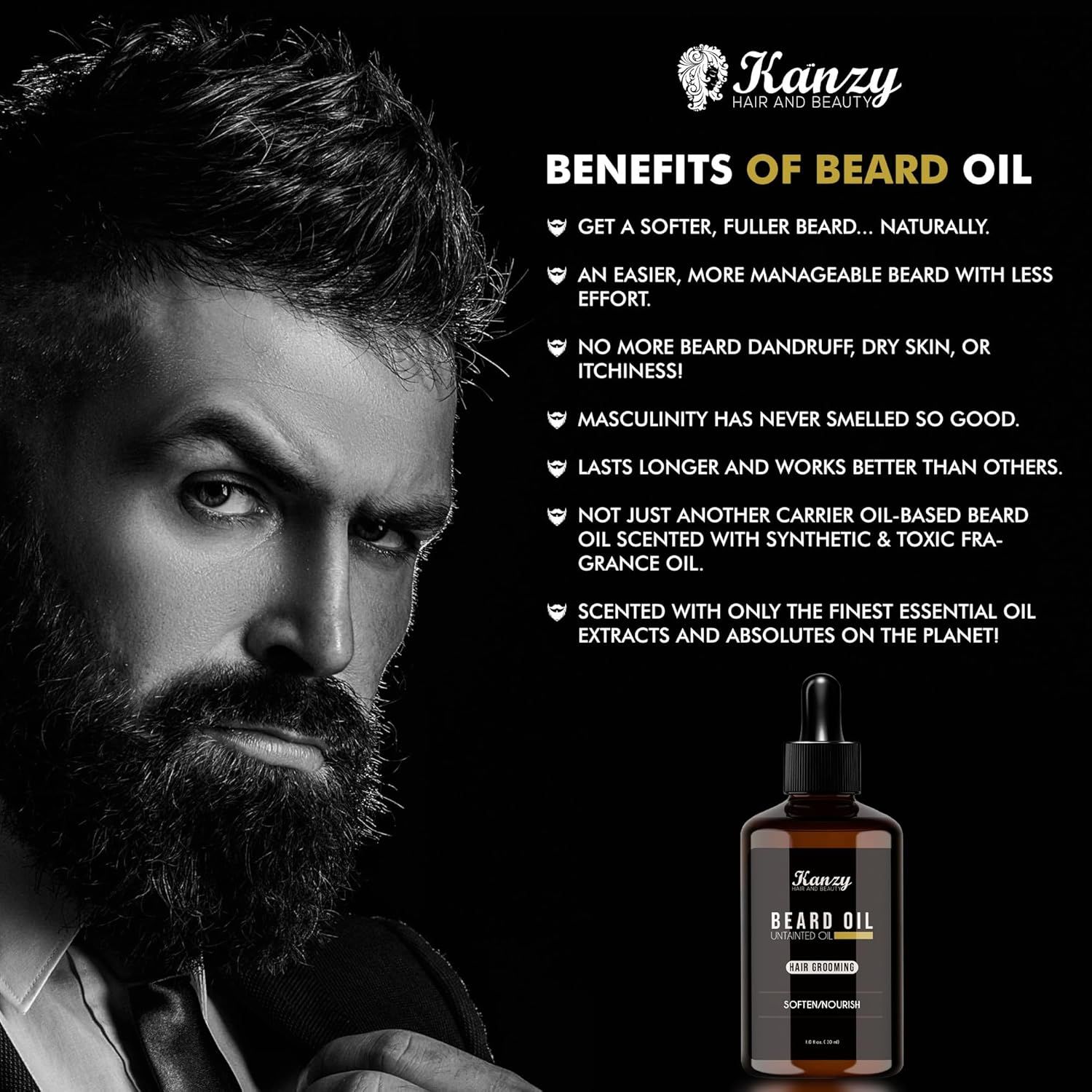 Flacone di vetro marrone con pipetta. Testo: Kanzy Beard Oil. Vantaggi dell'olio per barba. Uomo con barba.