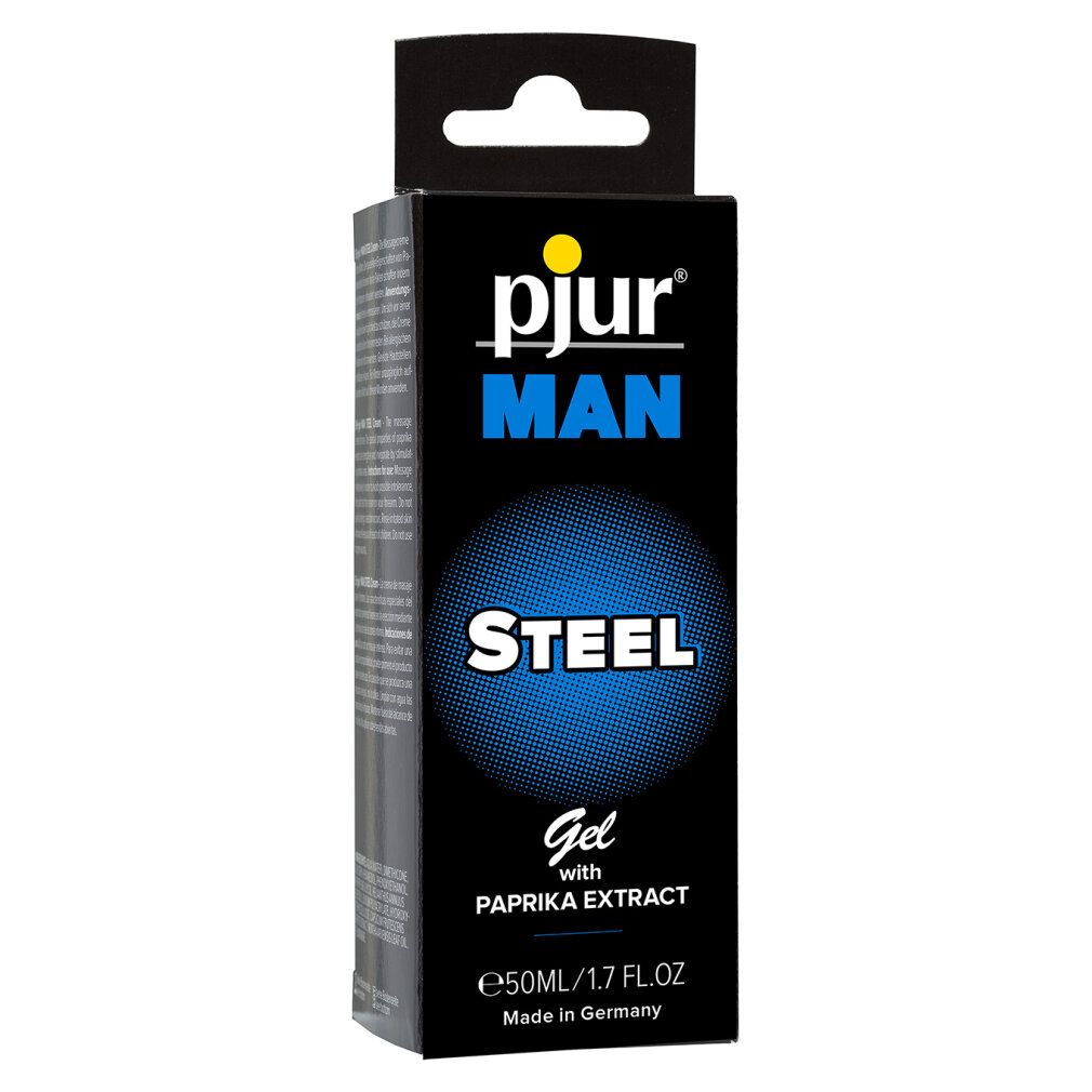 Scatola nera. Scritta: Pjur MAN STEEL Gel con estratto di paprika. 50ml/1.7 fl.oz. Con gancio.