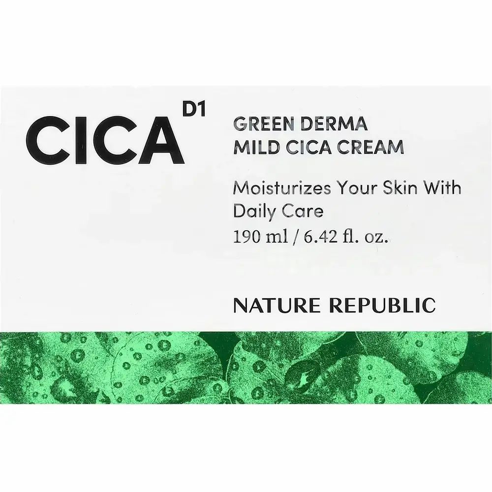 Etichetta bianca con stampa verde. Testo: CICA, Green Derma Mild Cica Cream. Testo: 190 ml / 6,42 fl. oz. e NATURE REPUBLIC.