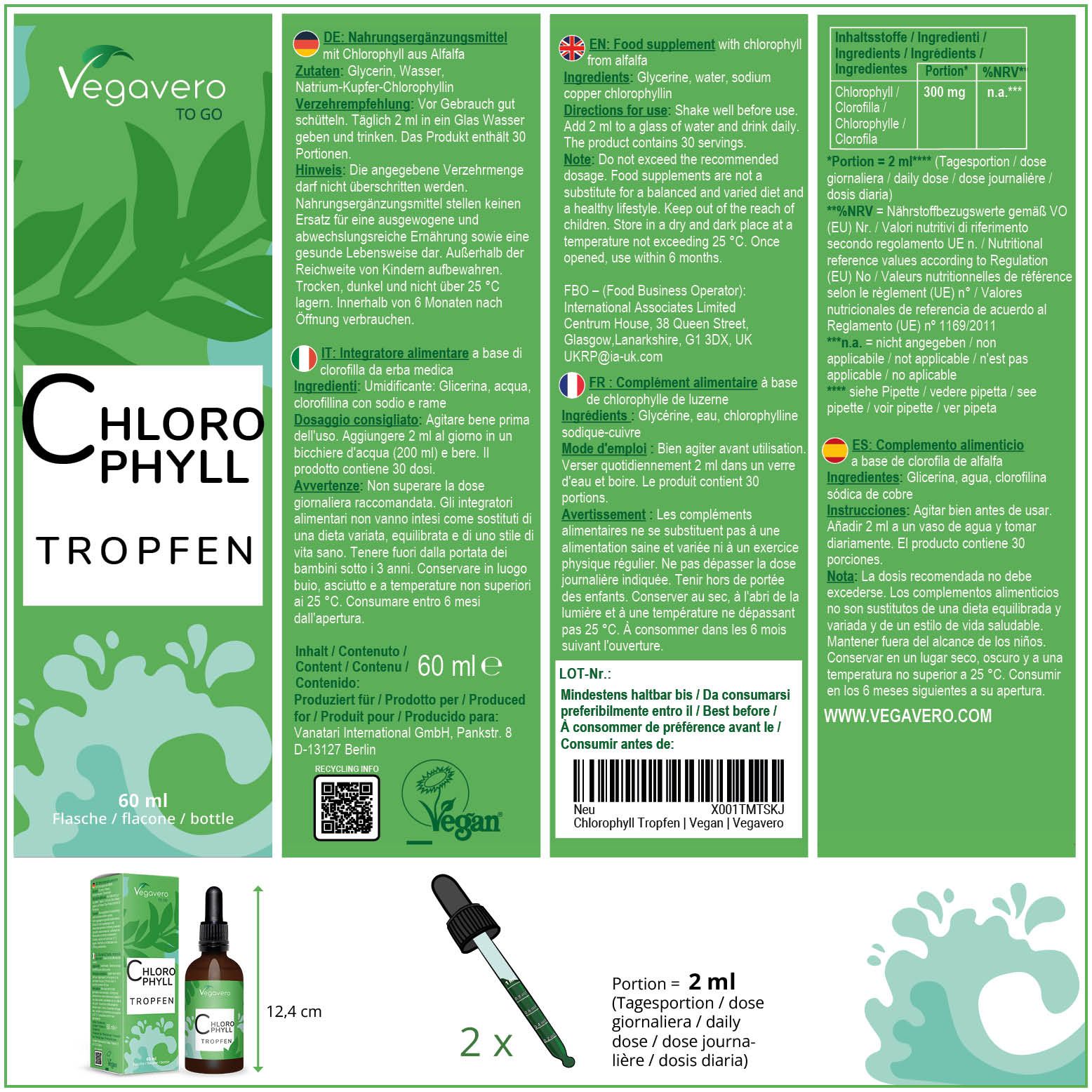 Confezione con informazioni sul prodotto. Contiene una bottiglia di Chlorophyll Tropfen, 60 ml, con contagocce. Sigillo vegano.