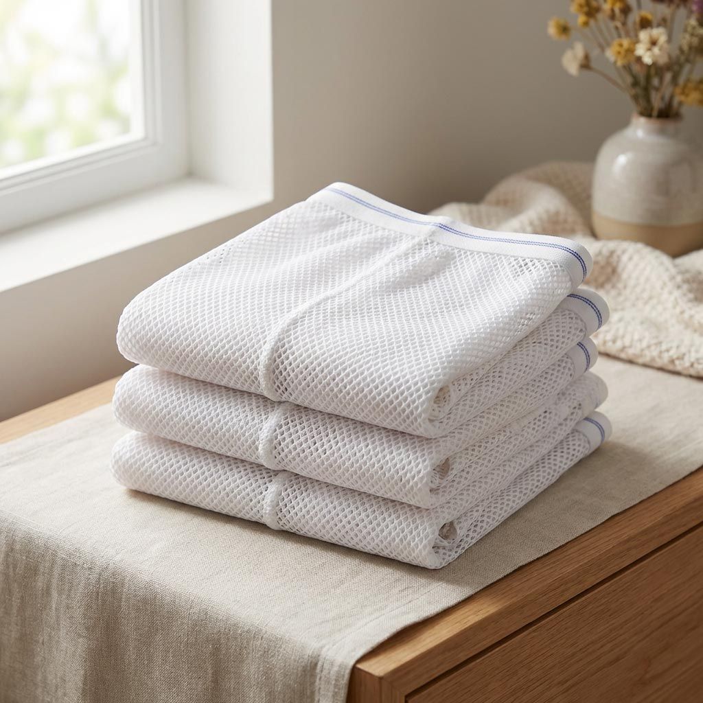 Pila di pantaloncini a rete bianchi, taglio corto, fascia blu. Su tovaglia.