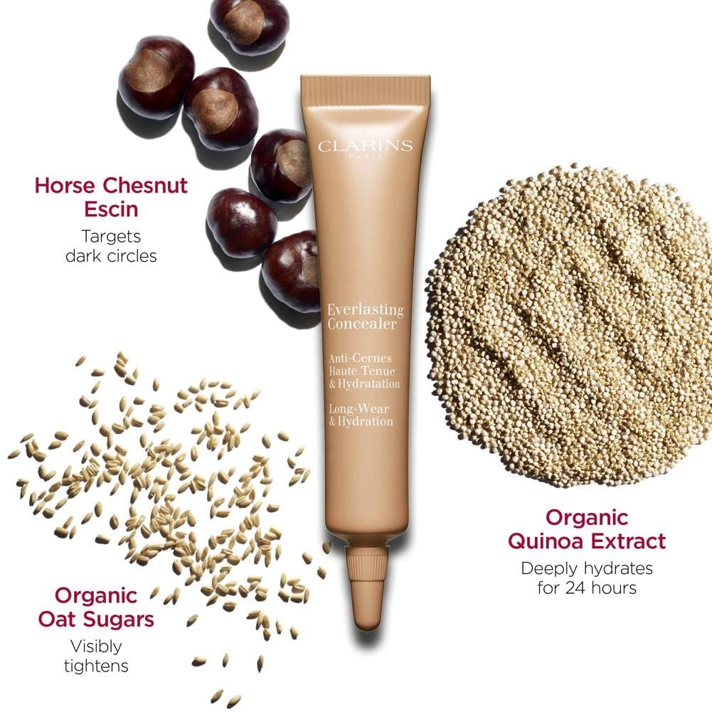 Tubo correttore, castagne, zuccheri d'avena, estratto di quinoa. Testo: CLARINS, Everlasting Concealer, Anti-Cernes, Haute Tenue & Hydratation.