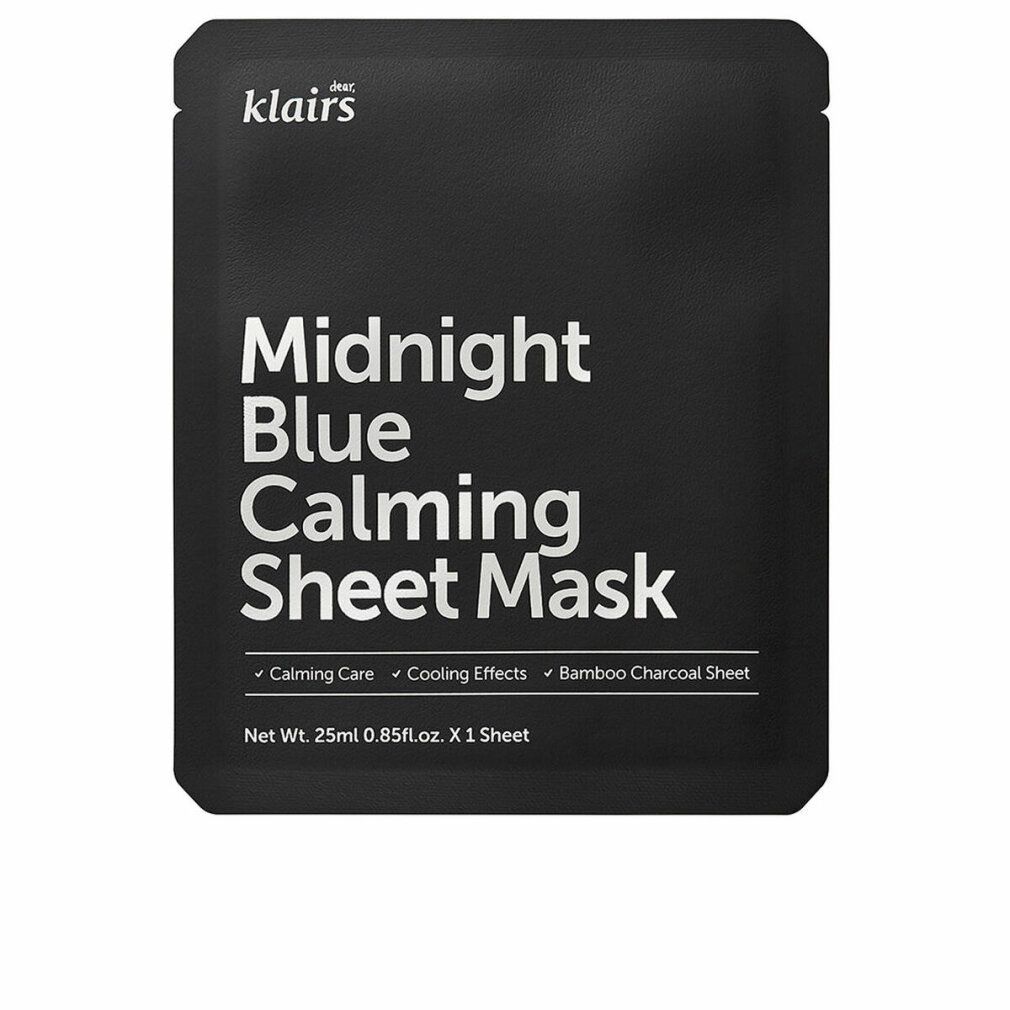 Confezione nera con testo bianco. Contiene "klairs", "Midnight Blue Calming Sheet Mask" e altre informazioni.