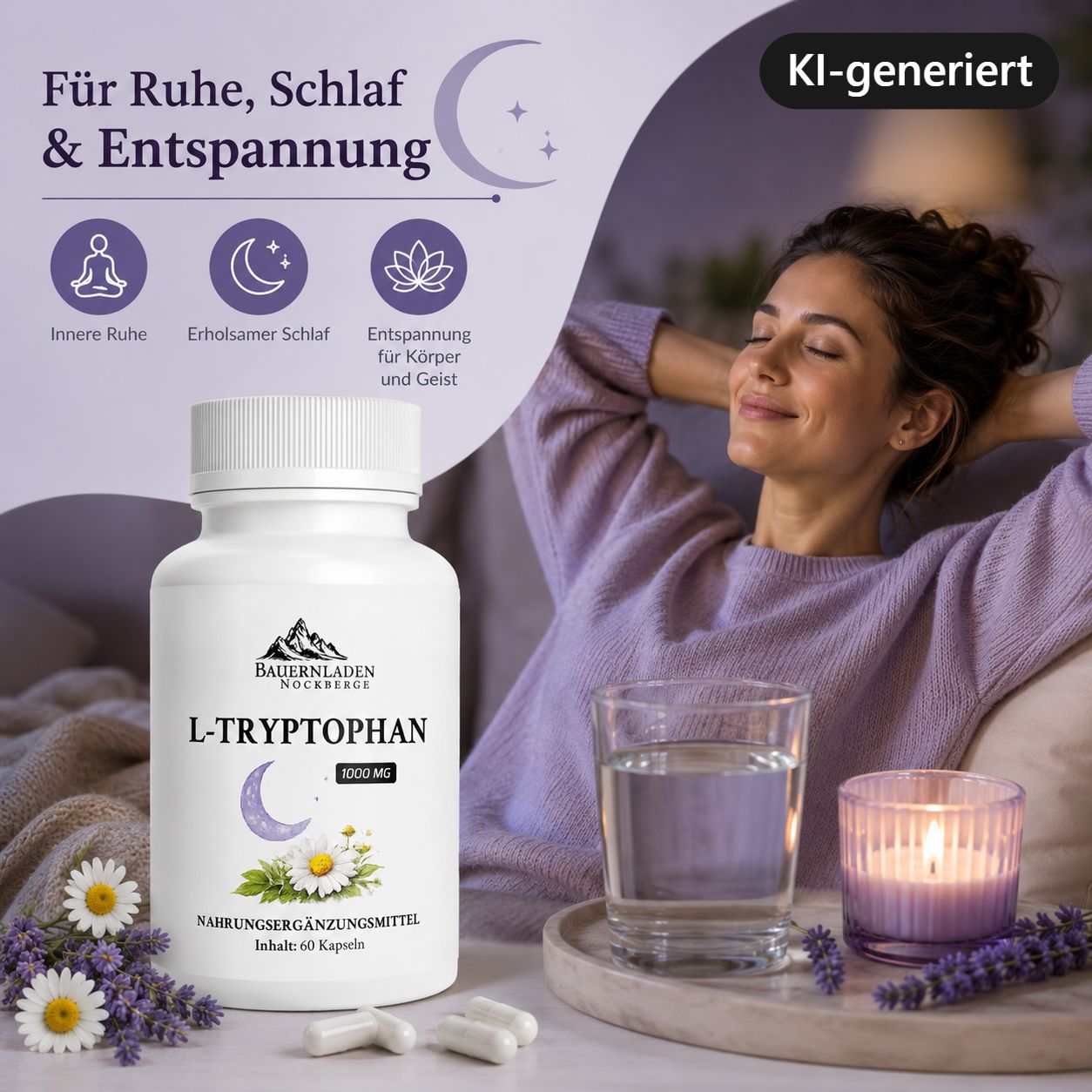 Capsule L-Triptofano 1000 mg, 60 pezzi. Icone per calma, sonno, relax. Donna rilassata su un divano.