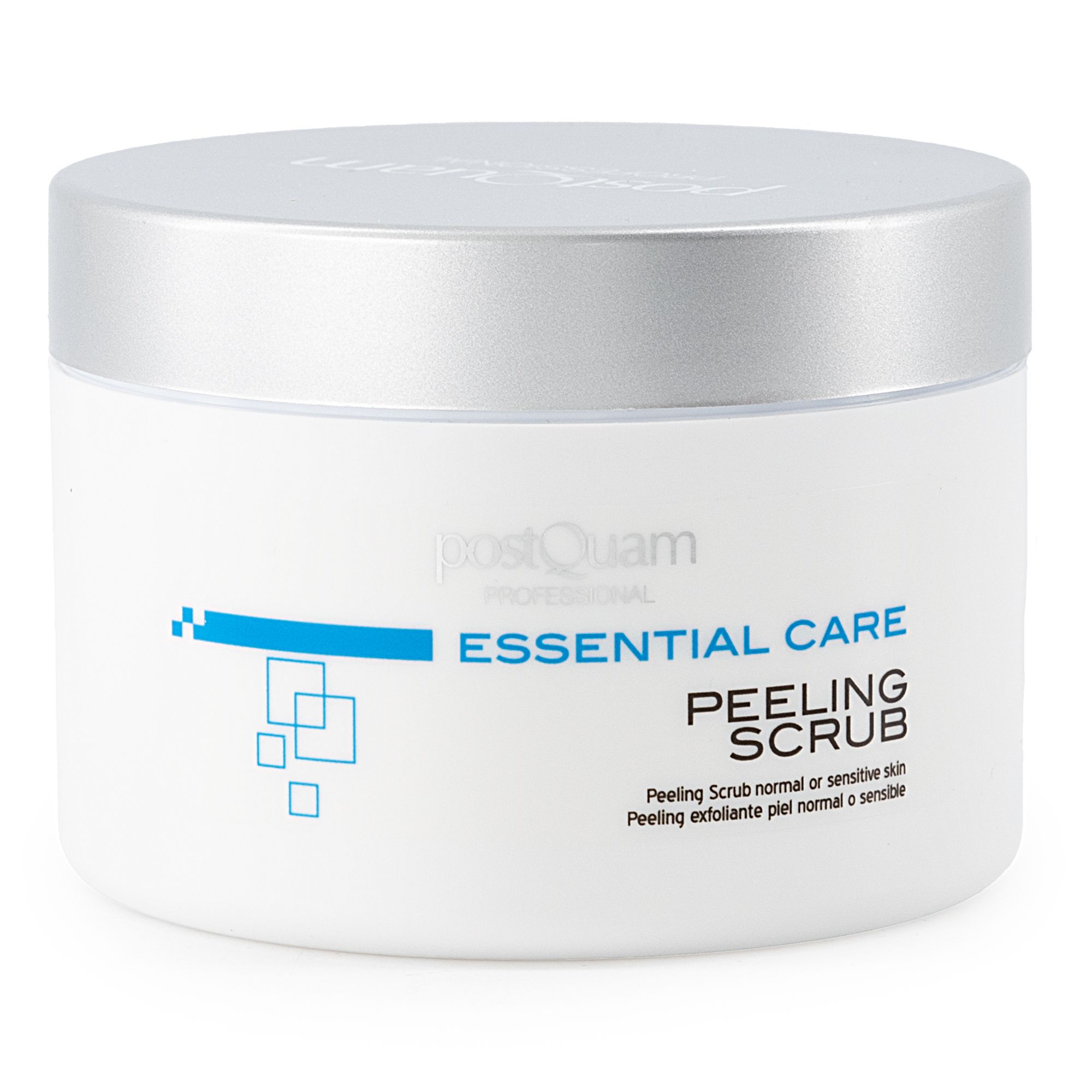 Vaso bianco con coperchio argentato. Scritta: Essential Care Peeling Scrub. Per pelli normali o sensibili.
