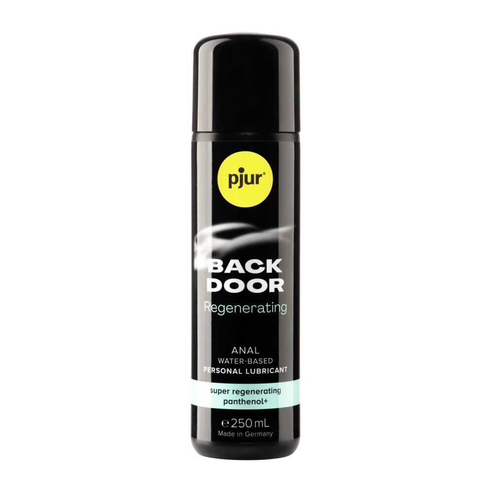 Flacone nero con tappo nero. Scritta: pjur, BACK DOOR Regenerating, ANAL WATER-BASED PERSONAL LUBRICANT. Testo verde e bianco. Made in Germany.