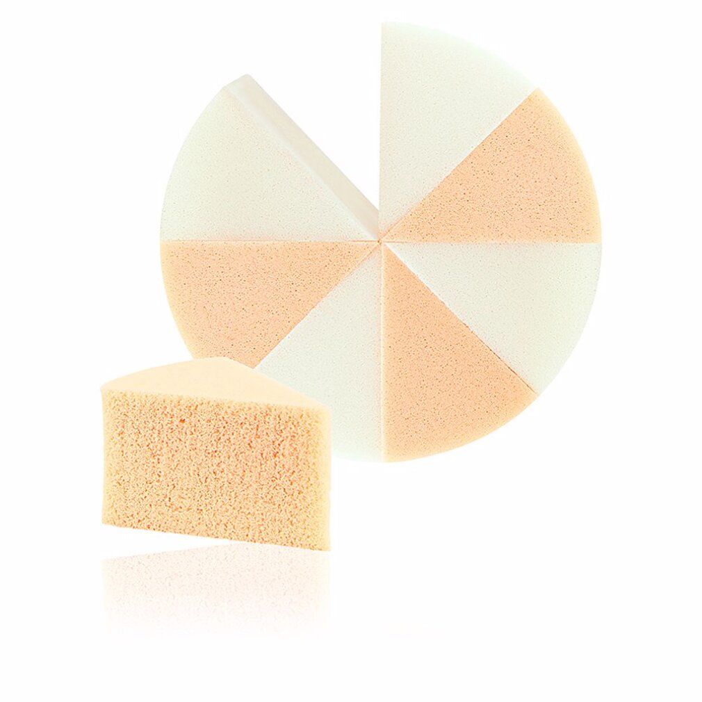 Spugna per trucco a forma di fetta di torta. Forma rotonda con otto segmenti, un segmento rimosso. Lattice.