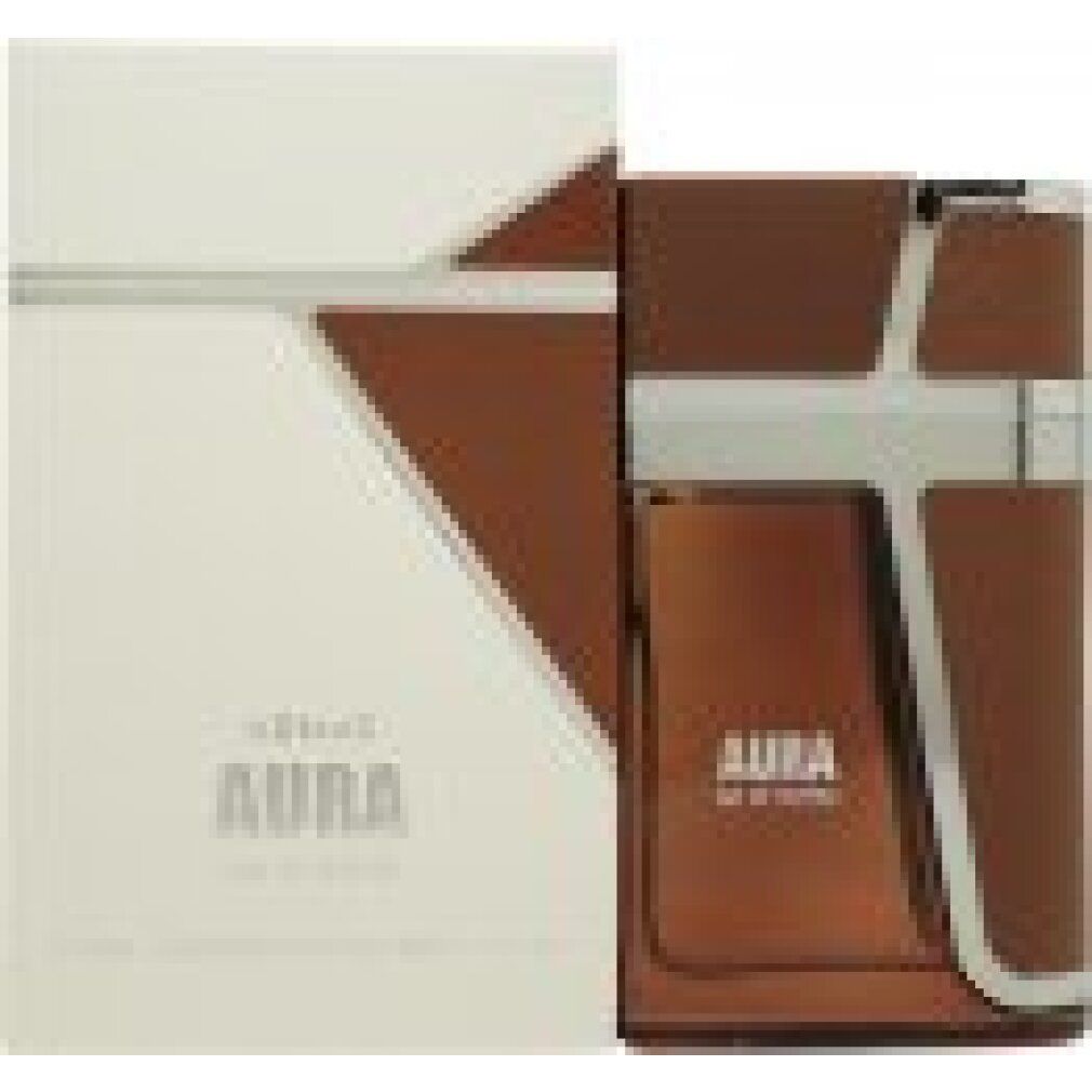 Flacone di profumo e confezione. Flacone marrone, argento. Confezione bianca. Scritta: AURA Eau de Parfum.