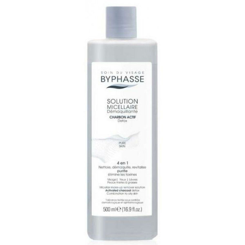 Flacone grigio con tappo grigio. Scritta: Byphasse Solution Micellaire, Charbon Actif. Detergente 4 in 1.
