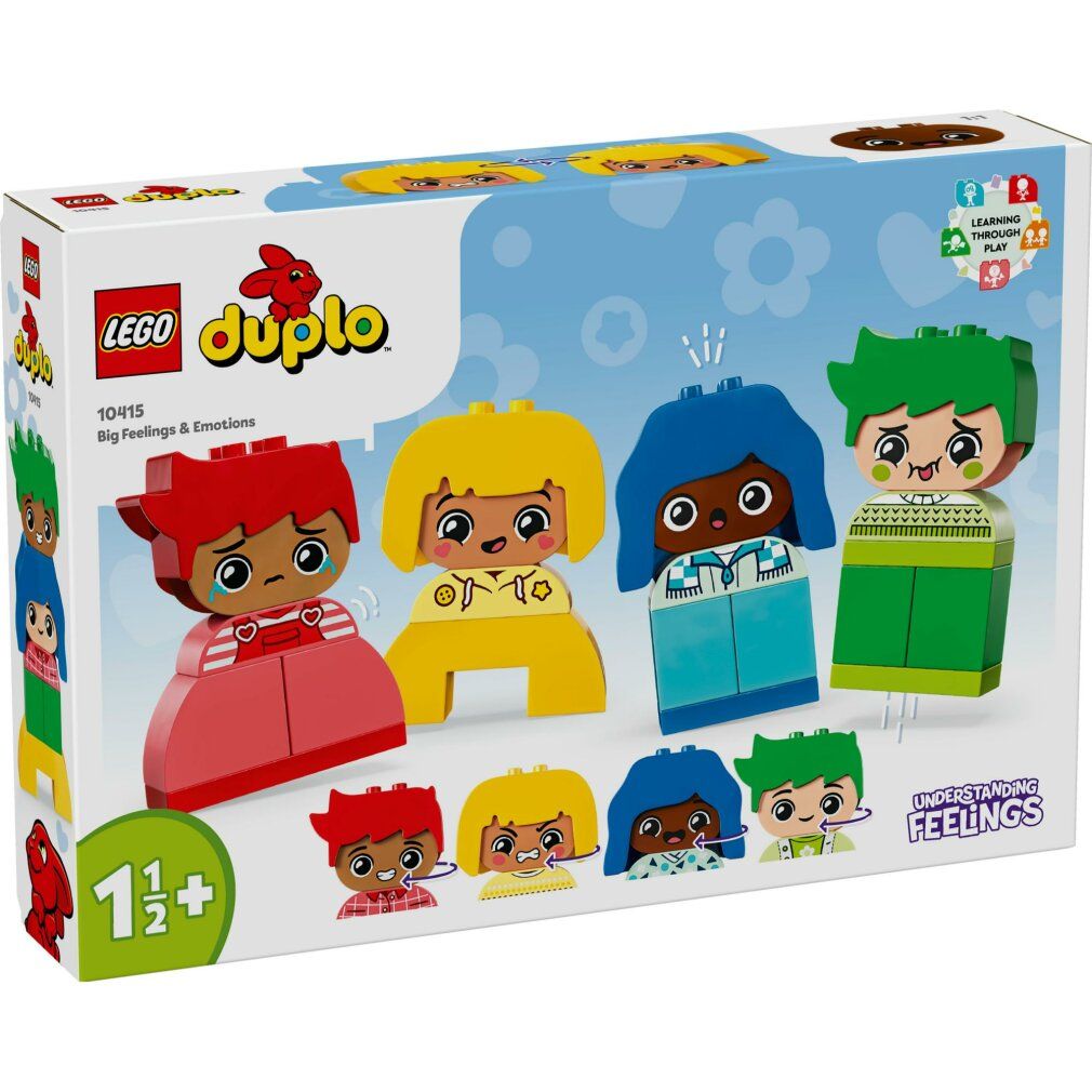 Set LEGO DUPLO. Personaggi rossi, gialli, blu e verdi. Espressioni facciali. Confezione con nome del prodotto e età consigliata.