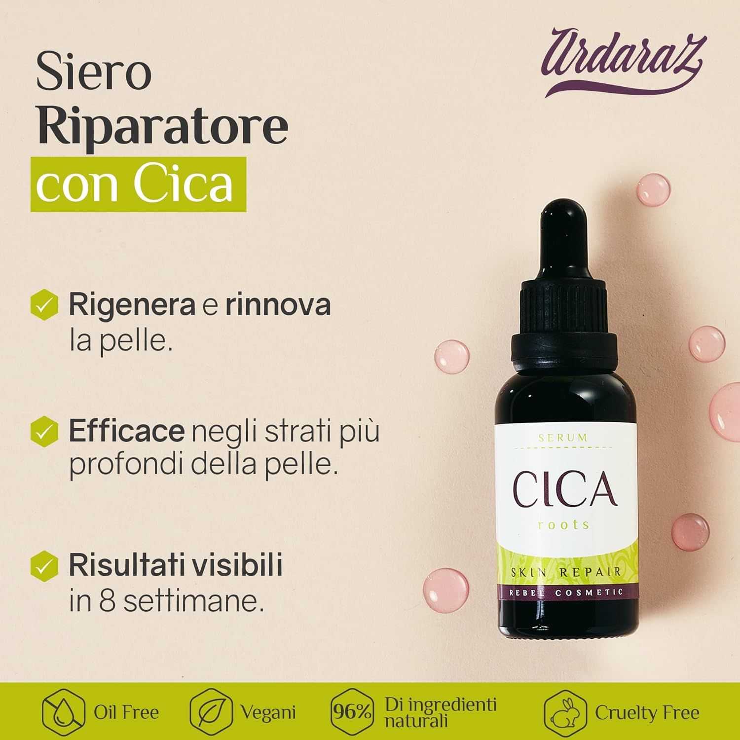 Flacone di siero con scritta CICA Roots. Testo: Rigenera, rinnova la pelle. Risultati visibili in 8 settimane.
