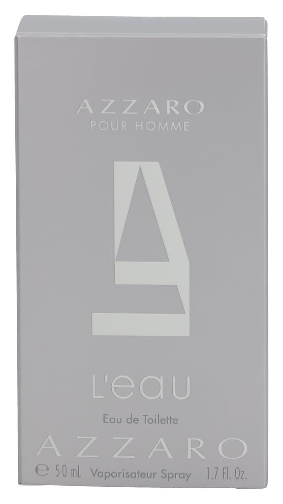 Scatola grigia Azzaro Pour Homme L'Eau. Logo e testo. Testo: Eau de Toilette, Vapo. Spray. 1.7 fl. oz.