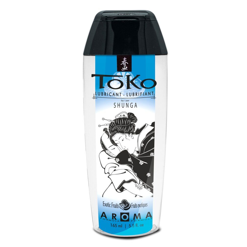 Lubrificante liquido in flacone con tappo nero. Scritta: Toko, Shunga, Aroma Exotic Fruits. Illustrazione: donna.