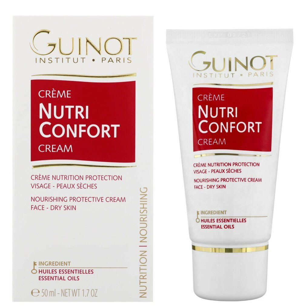 Confezione prodotto con tubo e scatola. Scritta: Crème Nutri Confort, Guinot. Per pelli secche. Con oli essenziali.
