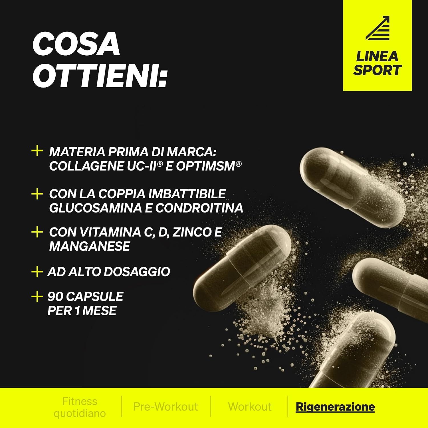 Capsule con collagene UC-II, glucosamina e condroitina.